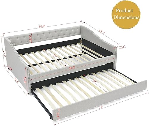 Miniatura 2 de Sofá cama matrimonial con nido, marco de cama moderno de madera con botón copetudo y cabeza de clavos, sofá cama tapizado con nido extraíble para