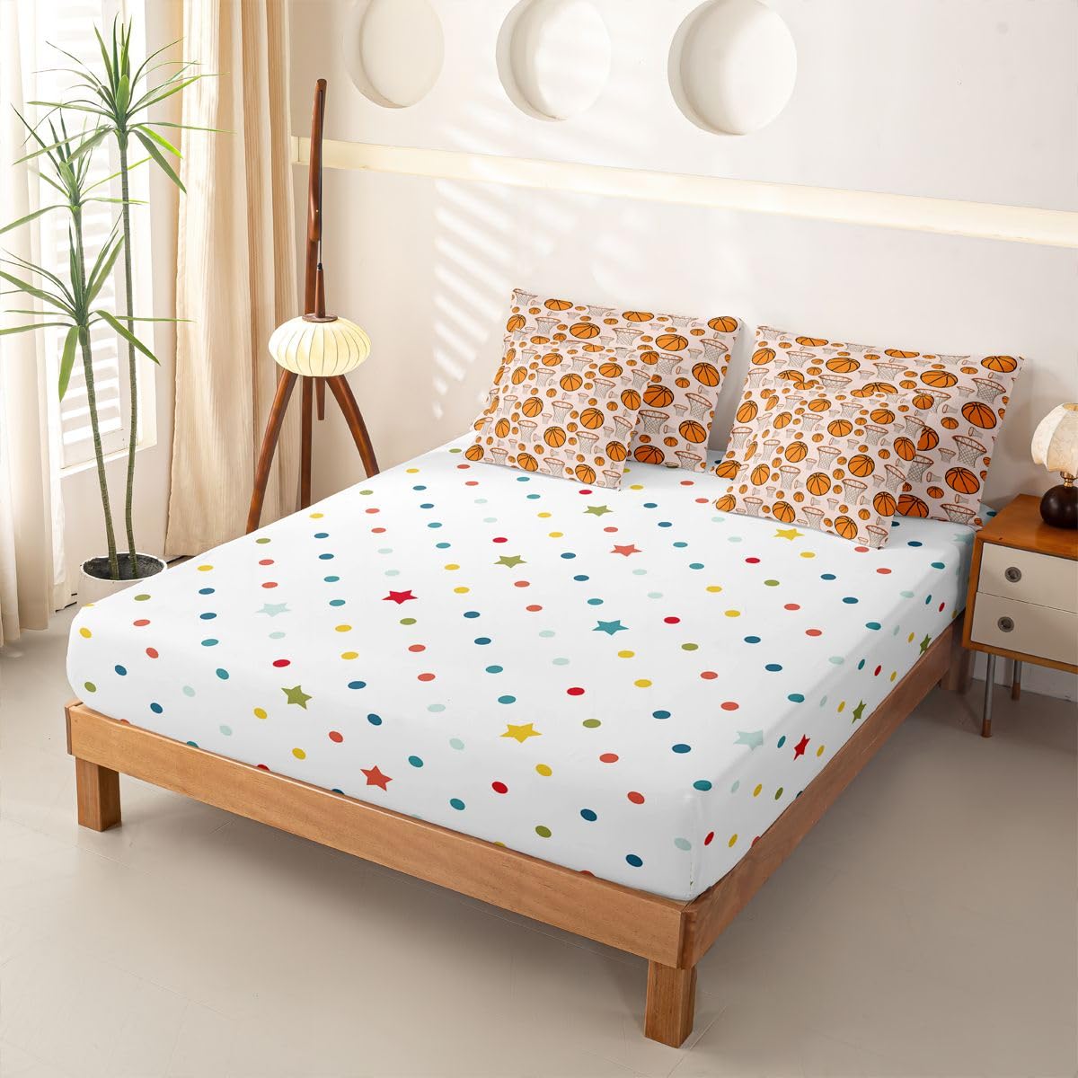 Loussiesd Juego de ropa de cama de 7 piezas con funda de edredón, sábanas, fundas de almohada, fundas de almohada, fundas de cojín, para niños y niñas, tamaño doble, diseño de baloncesto