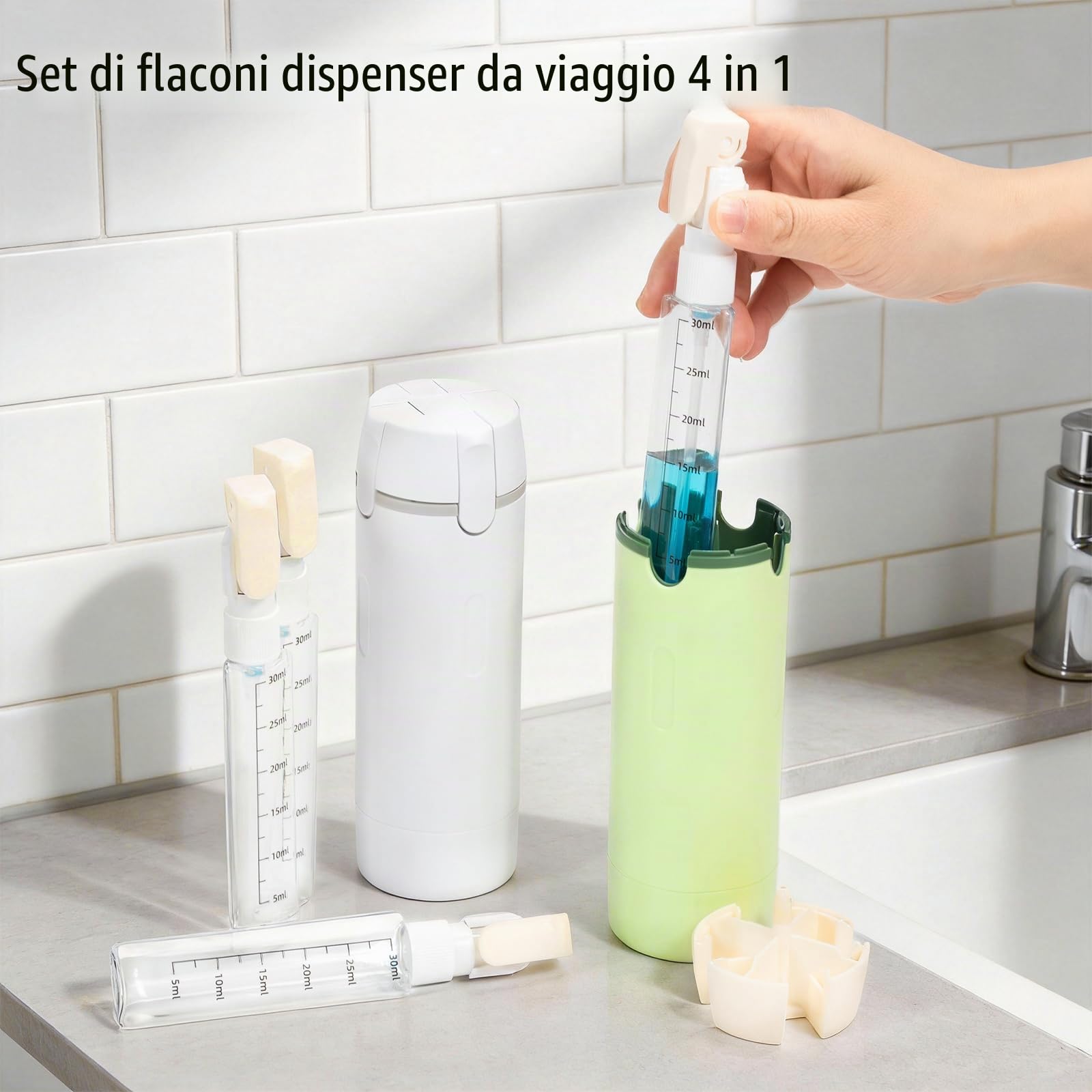 Set di 4 flaconi dispenser da viaggio: flaconi con pompetta ricaricabili, a prova di perdite, per articoli da toeletta - contenitori da viaggio portatili per shampoo, lozione, balsamo e crema (verde)
