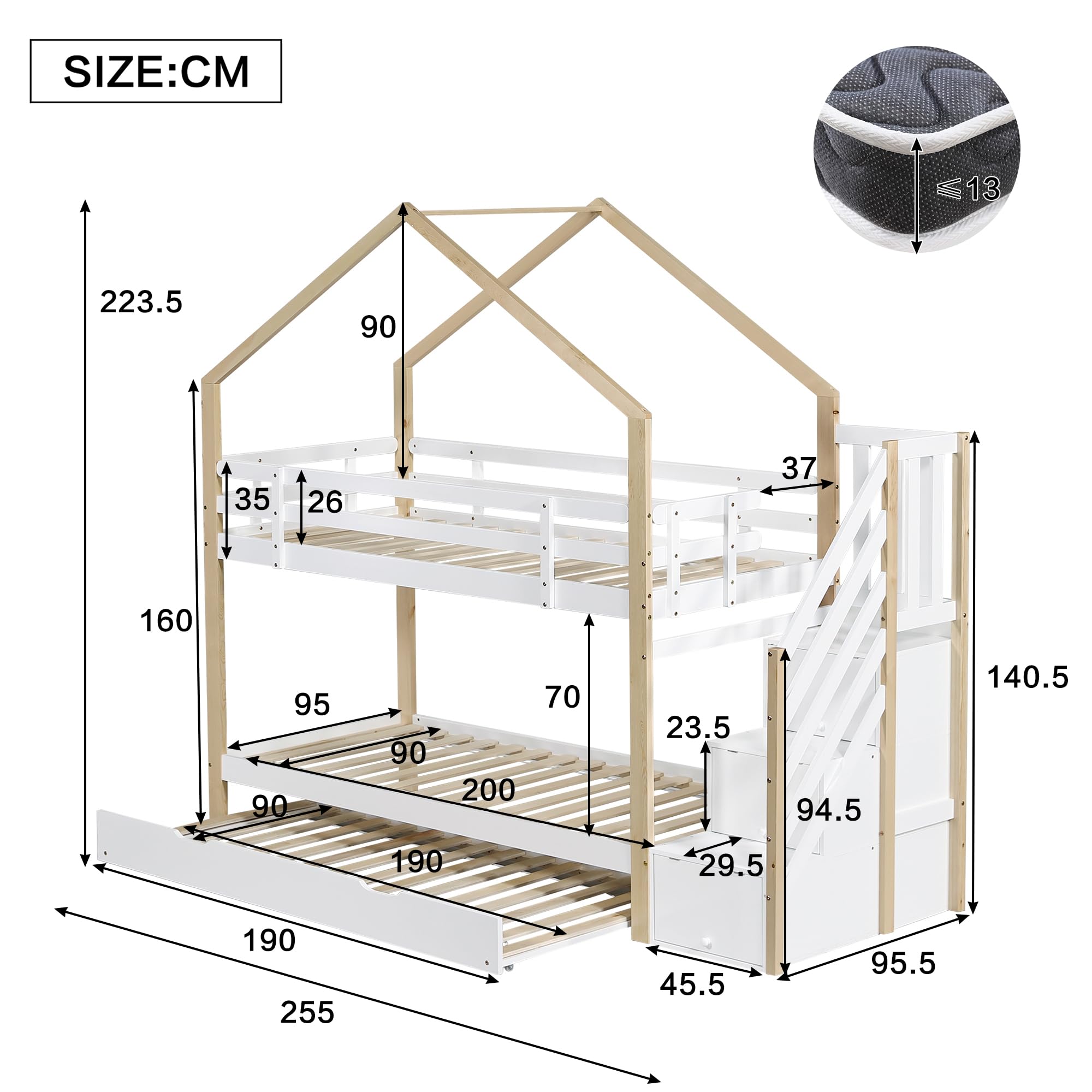 Rtopsu Letto per Bambini a Castello 90x200 cm con Letto Estraibile, Letto a Soppalco per Ragazzi con Scale e Contenitore Cassetti, Rete a Doghe in Legno, Bianco, Senza Materasso