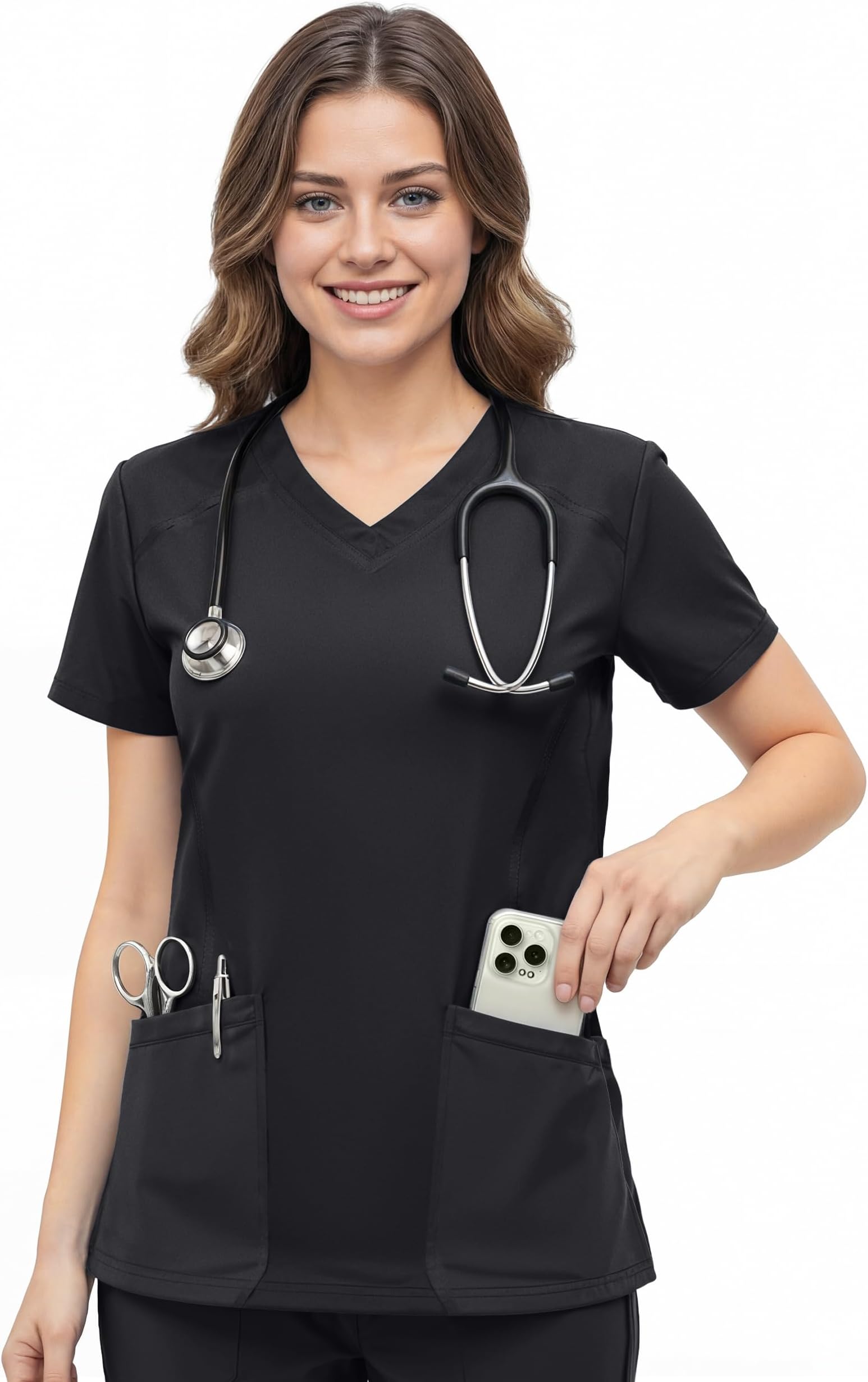Scrub Tops for Women Soft Stretch V-Neck Medical Scrub Top with Pockets