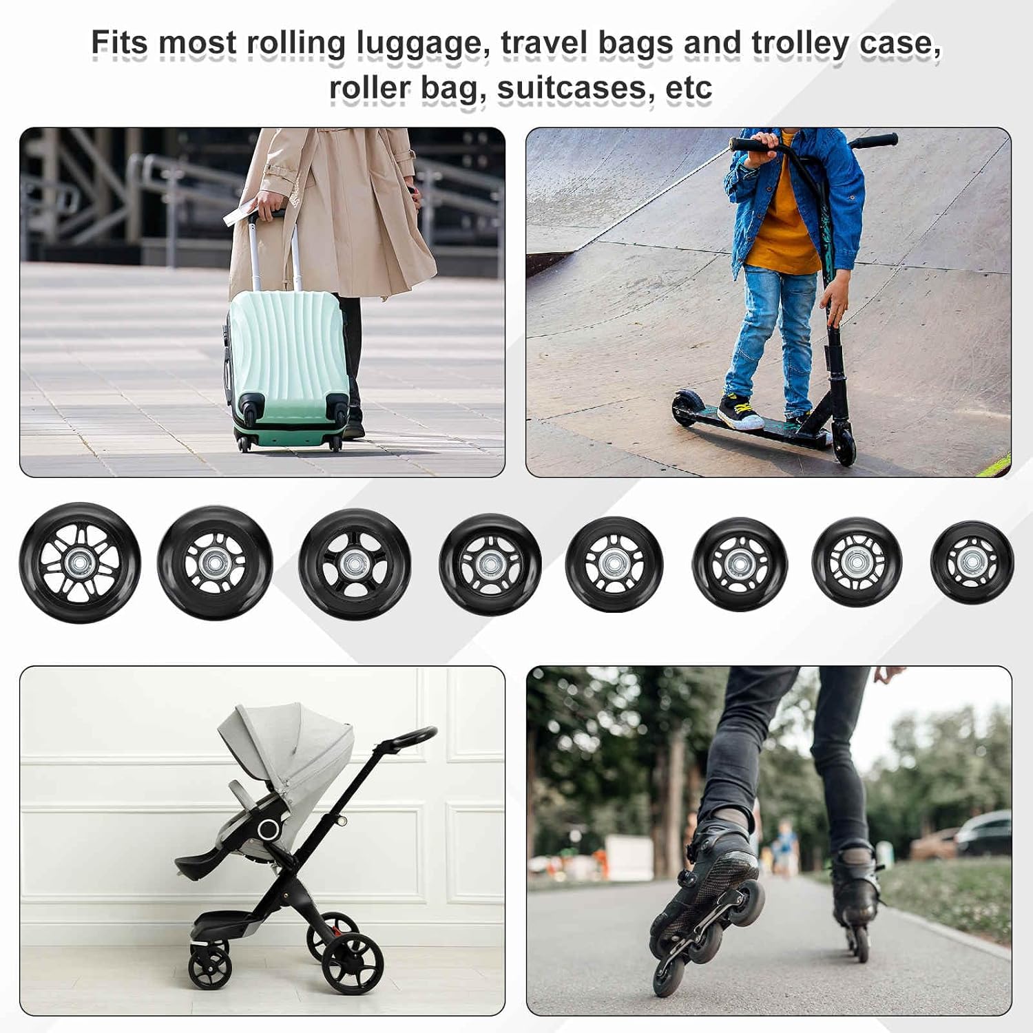 MECCANIXITY Luggage Wheels Replacement 68x24mm PU Suitcase Wheels Repair Kit Smooth Trolley Replacement Swivel Caster for Inline Skate Trolley Bag (Black, Pack of 4)