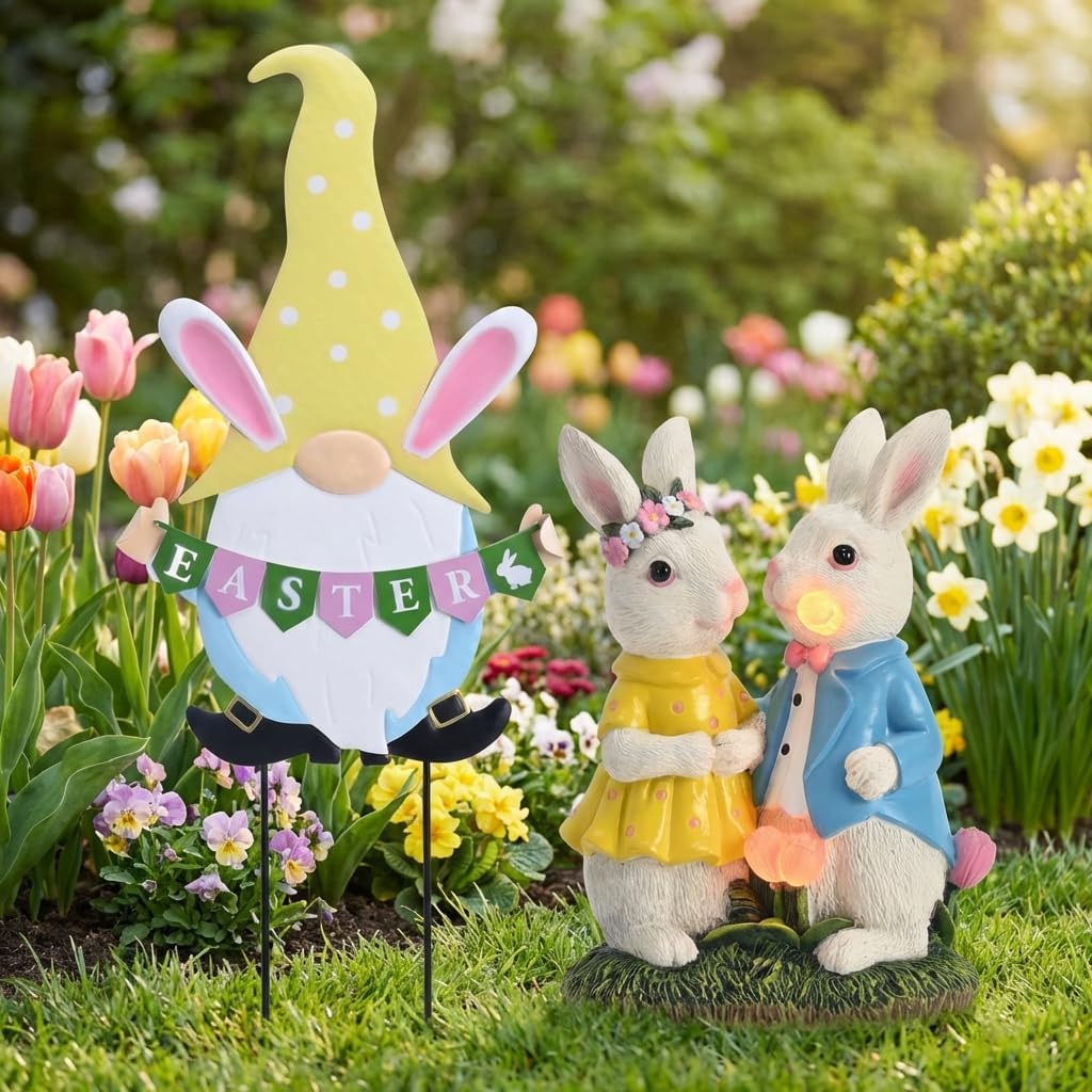 TERESA'S COLLECTIONS Easter Decorations Outdoor for Home, Metal Garden Gnomes Decor Yard Stakes, Pink & Blue Egg Rabbit Garden Stakes Gifts, Welcome Yard Signs for Outside Lawn Porch Patio