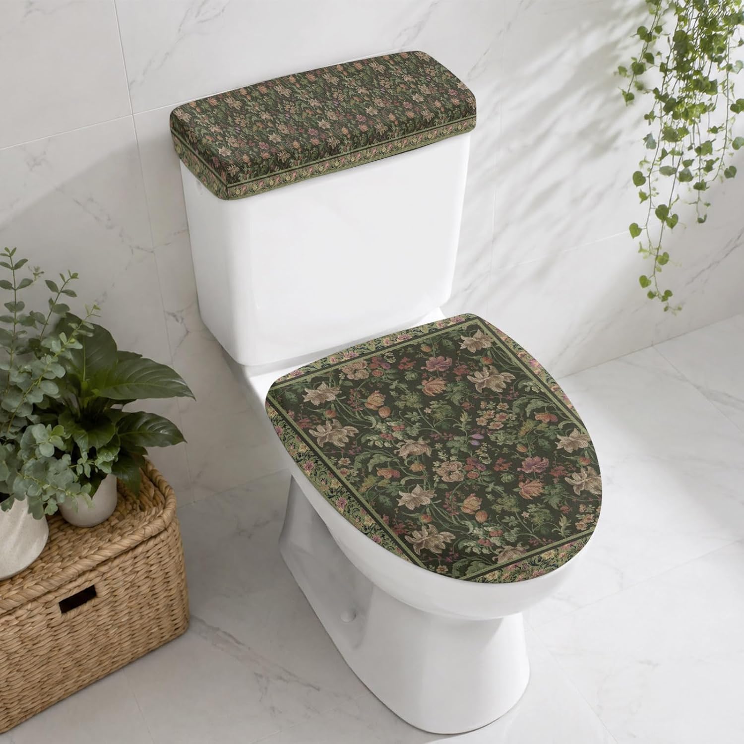 Sage Green Floral Boho Toilet Lid Cover and Tank Cover Set, Stretch Fabric Toilet Covers with Elastic Edge, Ethnic Tribe Abstract Art Flower Universal Lid Protector for Home Hotel Bathroom Decor
