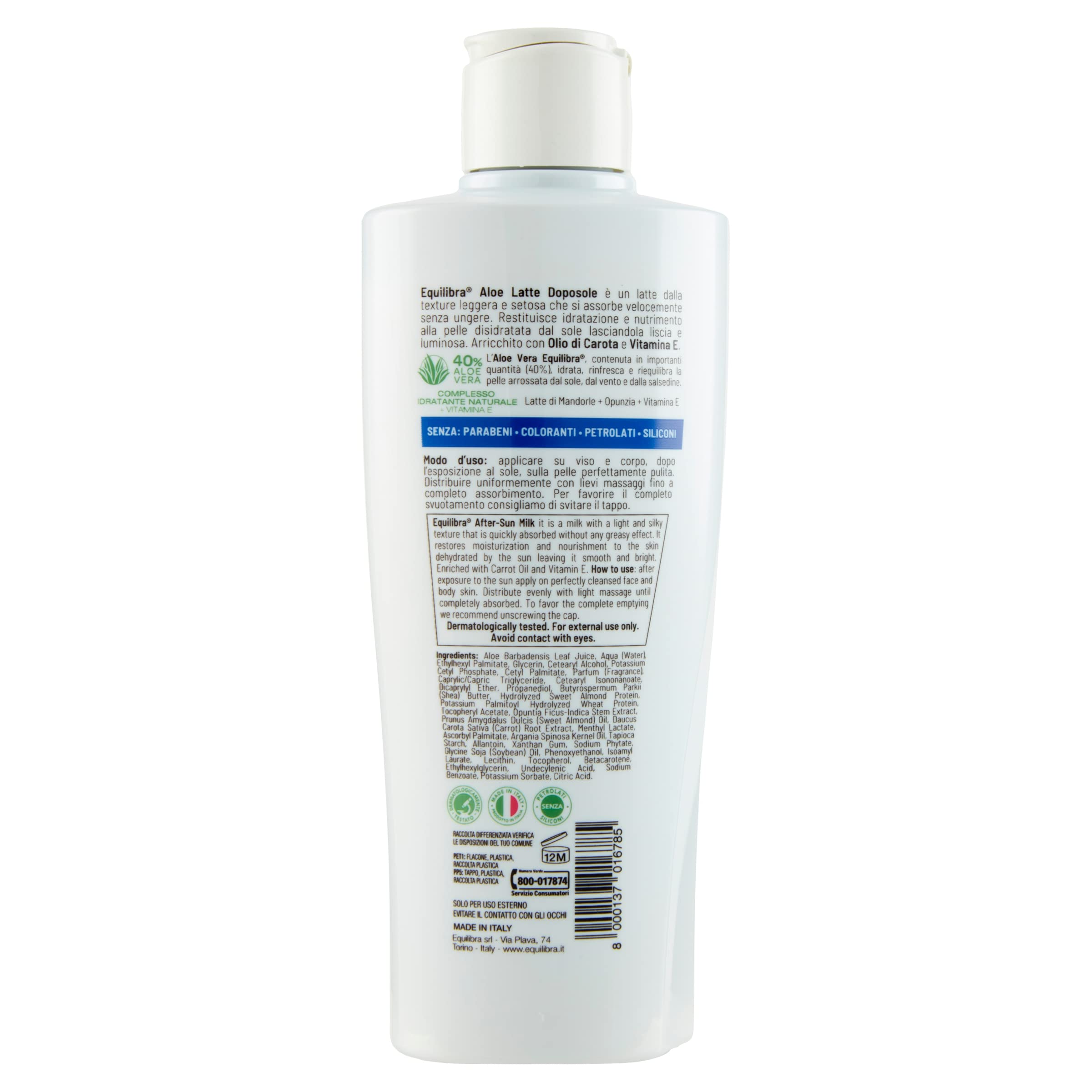 equilibra Solari, Aloe Latte Doposole Idratante, a Base di Olio di Carota, Vitamina E, Aloe Vera equilibra (40%), Doposole Idratante che Rinfresca e Riequilibra la Pelle Arrossata, 200 ml
