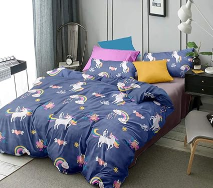 NISHOMES Unicorn Design Double Bedsheet Flat Sheet Glace Cotton with 2 Matching Pillow Cover ( Size -100x90 Inches ) (Blue) (Blue)