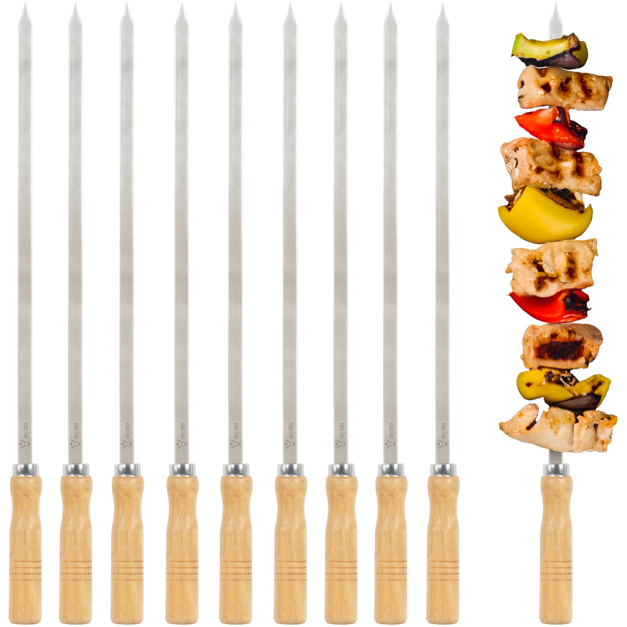 BBQ-Toro Spiedini per barbecue in acciaio inox con manico in legno (10 pezzi) | 50 cm | spiedi per shish kewers | Mangal shish kebab, girarrosto | accessori per barbecue, spiedini di carne