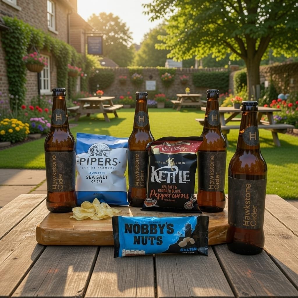 Hawkstone Cider Gift Hamper with Pub Snacks – 4 Bottles Hawkstone Cider & 3 Pub Snacks – Ultimate Gift in a Box