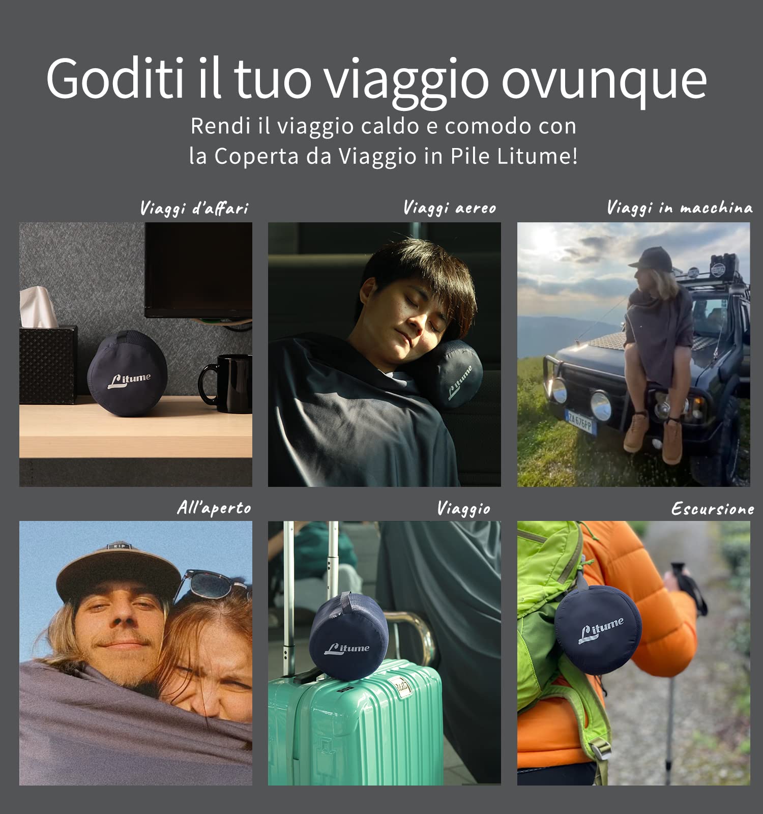 Litume Coperta da Viaggio per Aereo, Calda, Pile Grigio Scuro, Versatile | Calore Tutte le Stagioni, Senza PFAS, Leggera, Campeggio, Escursione, Rifugio, Volo Lungo, Hotel, 170 x 122 cm