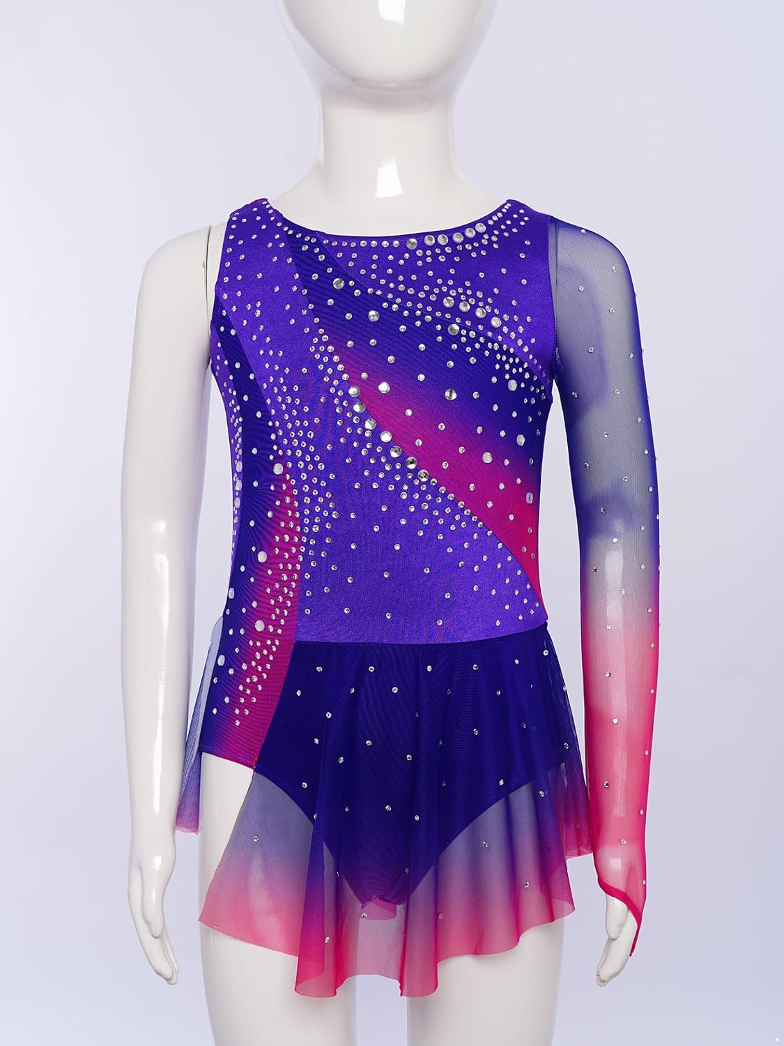 Kids Girls Ice Figure Skating Dress Single Long Sleeve Rhythmic Gymnastics Ballet Leotard Skirt Dancewear