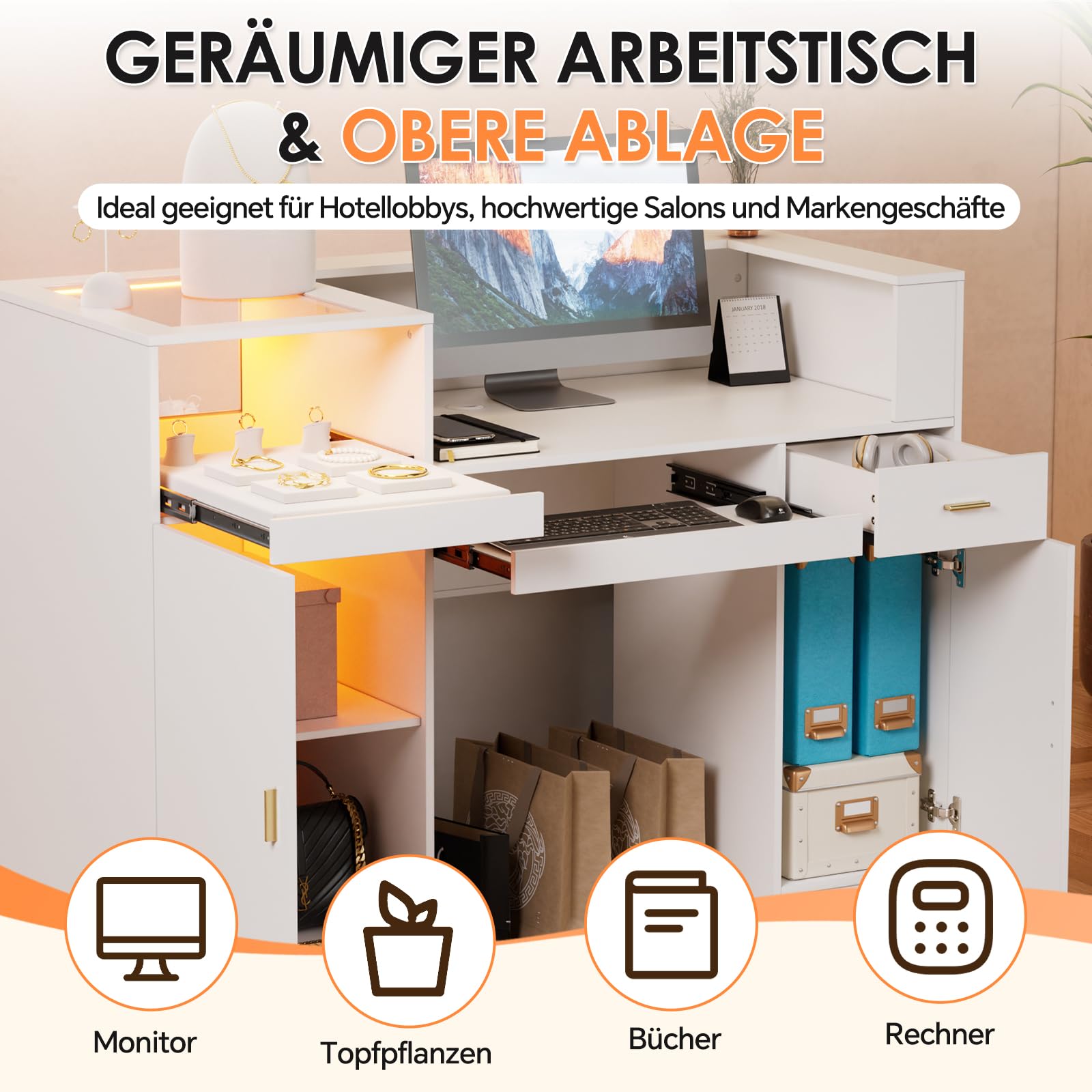 Empfangstheke mit LED Große Rezeptionstresen mit Glasvitrine Tastaturhalter Schubladen und Stauraum Rezeptionstheke Geräumig Empfangstresen für Salon Geschäft Hotel Büro Kosmetikstudio 130x60x100CM