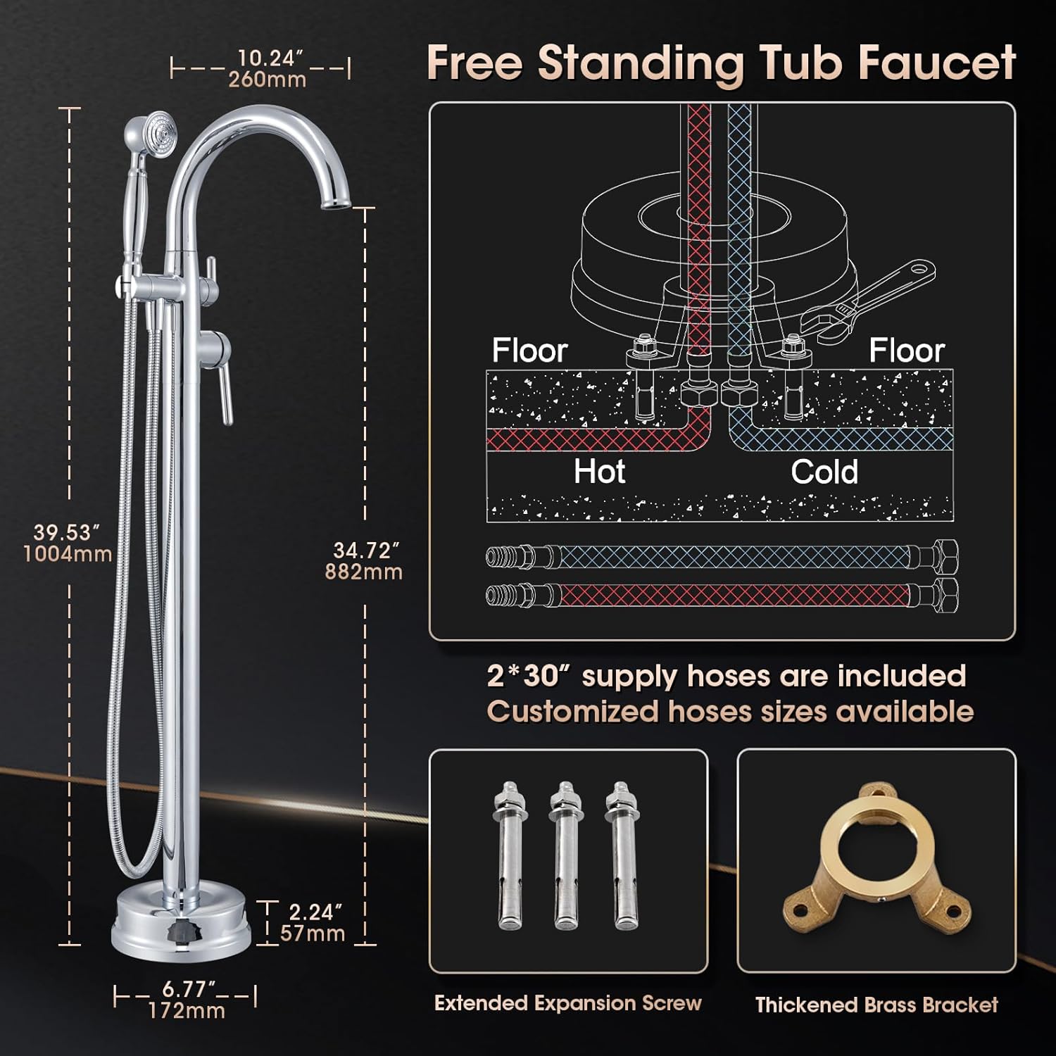 Free Standing Bathtub Faucet Brass Bathtub Faucets High Flow Soaker Tub Faucet with Vintage Handheld Sprayer Polished Chrome - Image 6