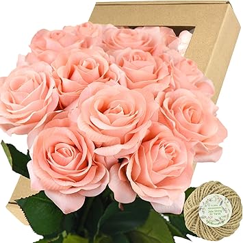 Amazon Com 五季假玫瑰婚禮花真觸感絲質桃粉人造花12 支 居家與廚房