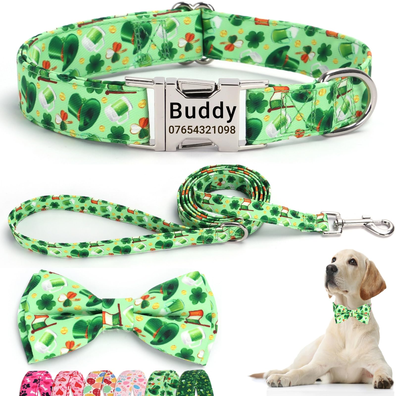 SEOUGEE St. Patrick's Day Dog Collar Personalised with Bowtie & Lead Set, Adjustable Cotton Dog Collars and Leash with Engraved Metal Buckle for Small Dogs (Lucky Clover Set, XS:Neck 20-30cm)