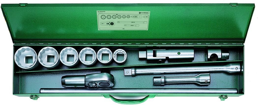 Stahlwille 96060101 1" Socket Set - 12 Piece Set with Bi-Hexagon Sockets, Ratchet, Extensions, Flexible Head, Sliding Head, and Bar Handle, In Sheet Steel Case, Made in Germany