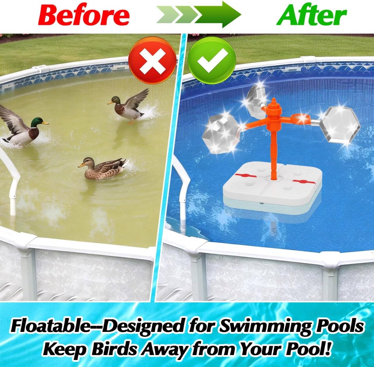 Pool Bird Deterrent Device, Floating Reflective Bird Deterrent Windmill, Keep Birds/Ducks/Heron/Pigeons/Goose/Woodpecker/Crow/Sparrow Away, Widly Used for Boats House Roofs Gardens,Pool,Backyard