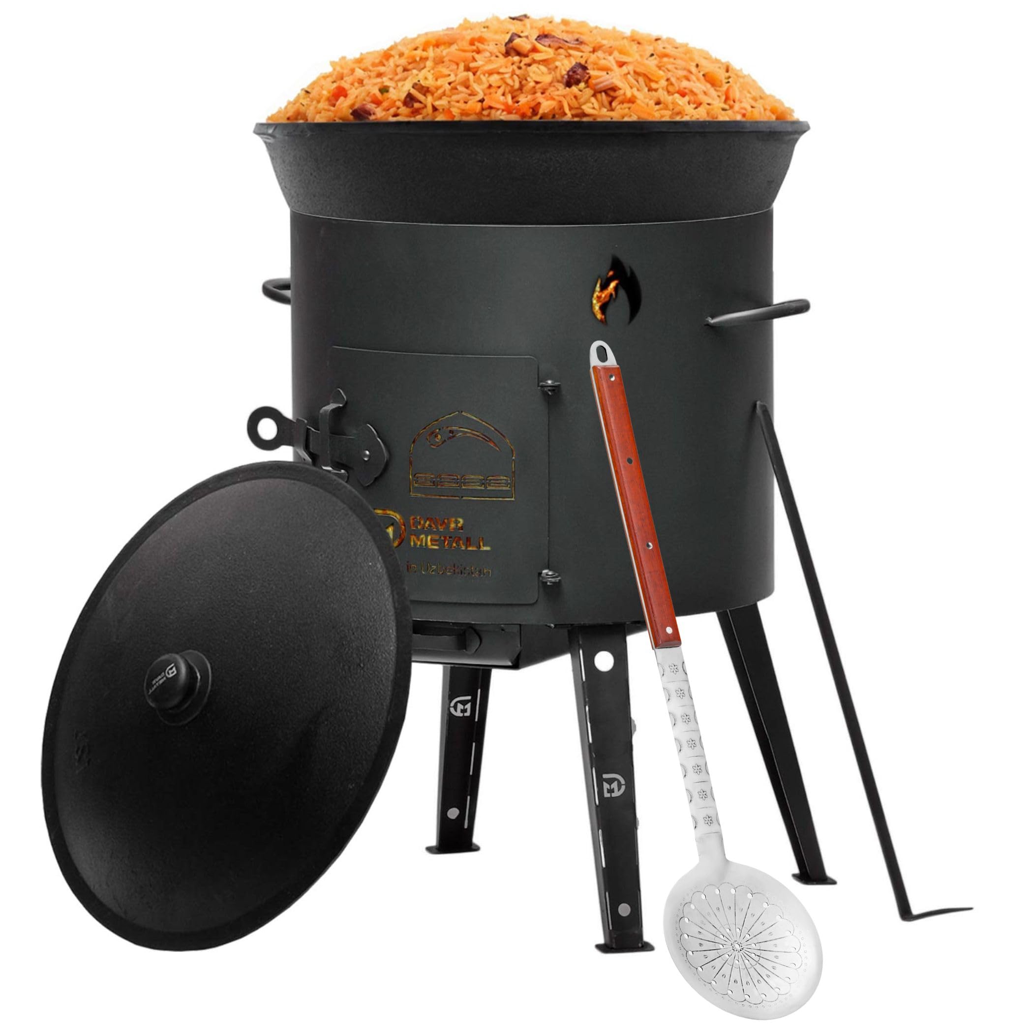 Uchag Ø49 Uchag 2 mm de acero Uchak con tubo de extracción, 22 l, compartimentos para barbacoa, cucharón de espuma, cucharón de sopa, cucharón de sopa, Utschak Utschag Kazan, cocina de campo, cocina