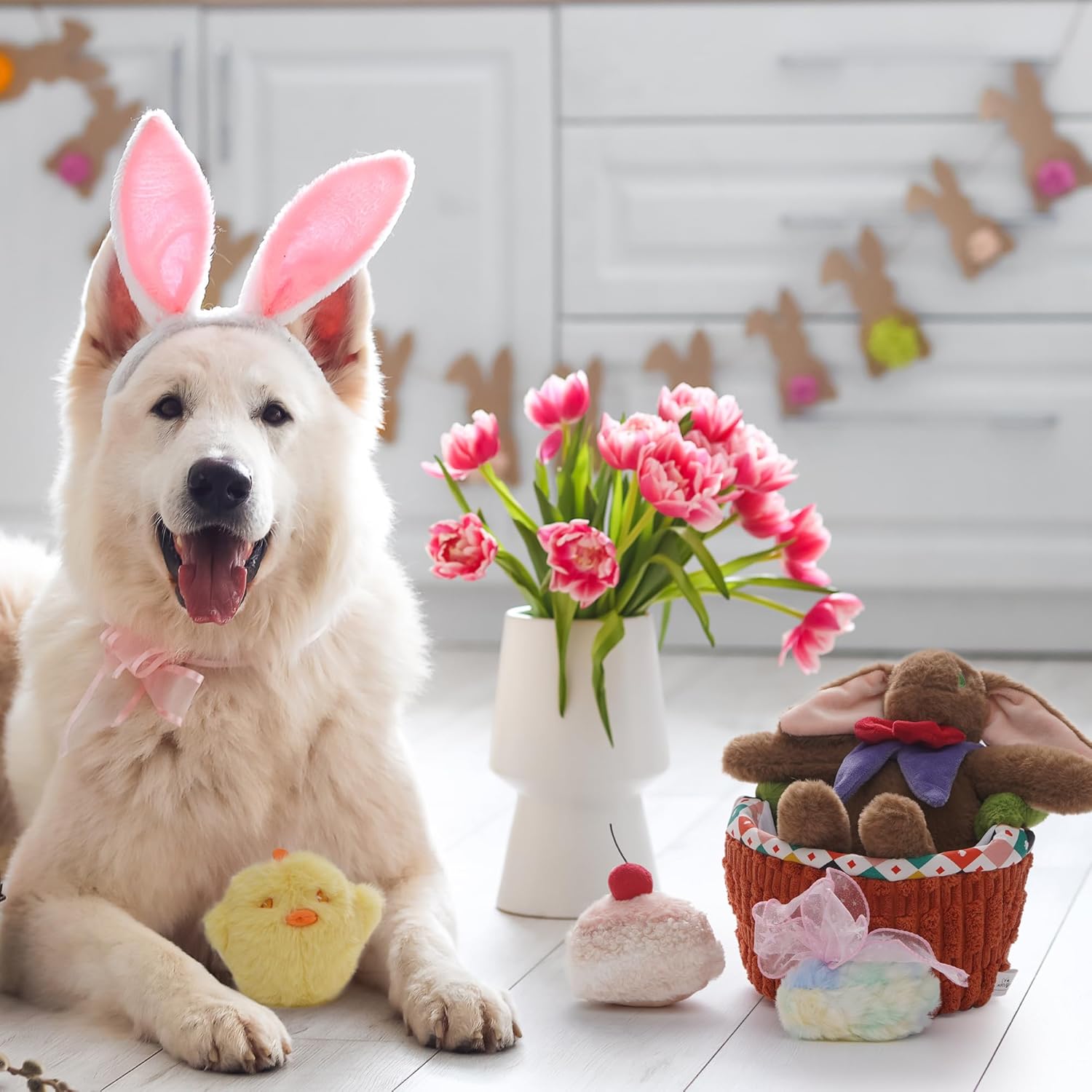 Nocciola Basket Dog Toys - Durable Stuffed Plush Bunny Dog Squeaky Toys for Small, Medium and Large Breeds, Easter Basket with Egg & Rabbit & Chick & Cake Puppy Toy