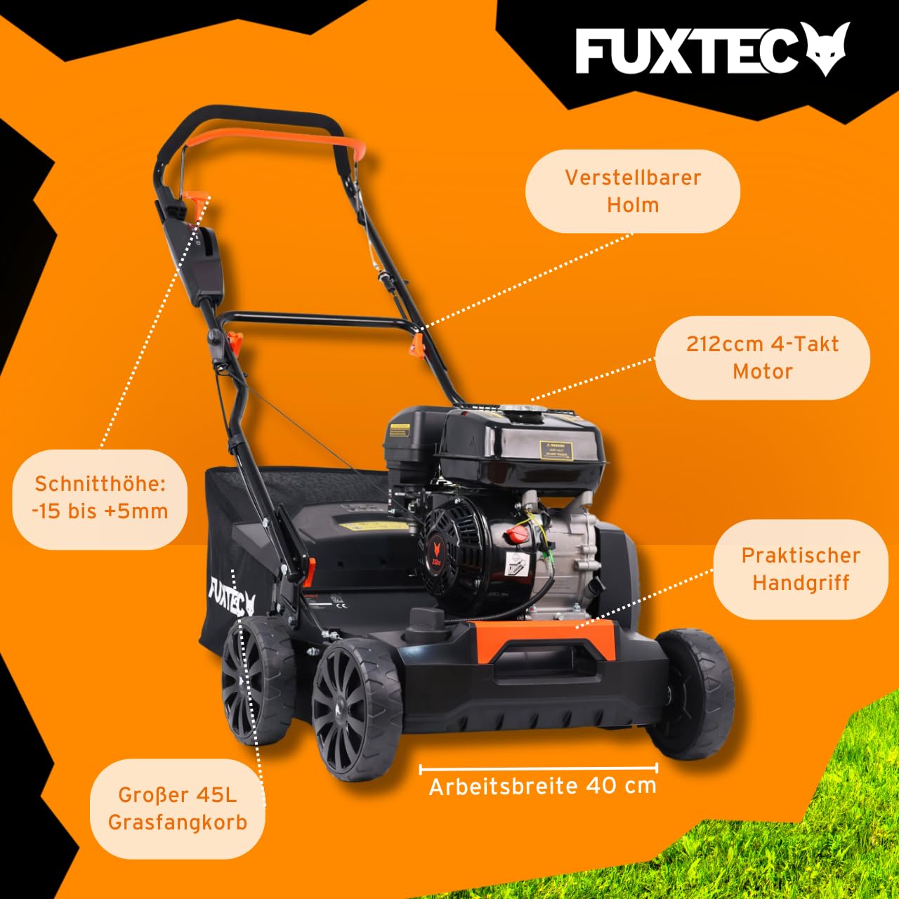 FUXTEC Vertikutierer 3in1 FX-BV240 4-Takt-Motor 4,1kW 18 Messer und 24 gefederte Krallen Front-Tragegriff und 45L Fangkorb