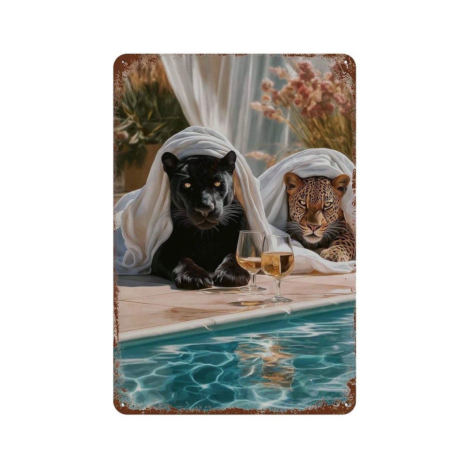 xiaoxiaoshen Luxury Panther And Leopard Pool – Whimsical Animal Couple Surreal Jungle Cat Lou Wall Decor Art Metal Tin Poster Modern Home Decor Art Home Bar Shop Decorations Vintage Sign 30x20cm