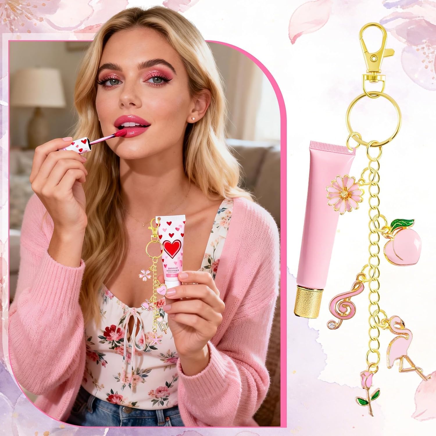 PYURTHITY 254 Pcs Pink Charms Lip Gloss Keychain Making Kit with Enamel Bag Charms, Keychain Hooks, Chains, Jump Rings, Plier, Spring Pink Jewelry Making Kit Supplies for DIY Craft Gifts