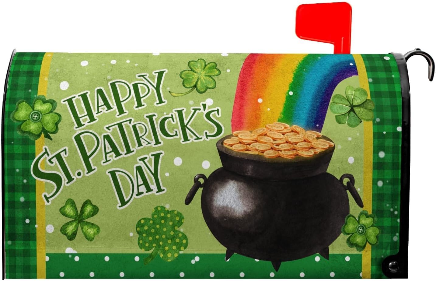 St Patricks Mailbox Cover - Shamrock Mailbox Covers Magnetic - Standard Size 21x18 in -Green Gold Coins Pot - for Garden Decor