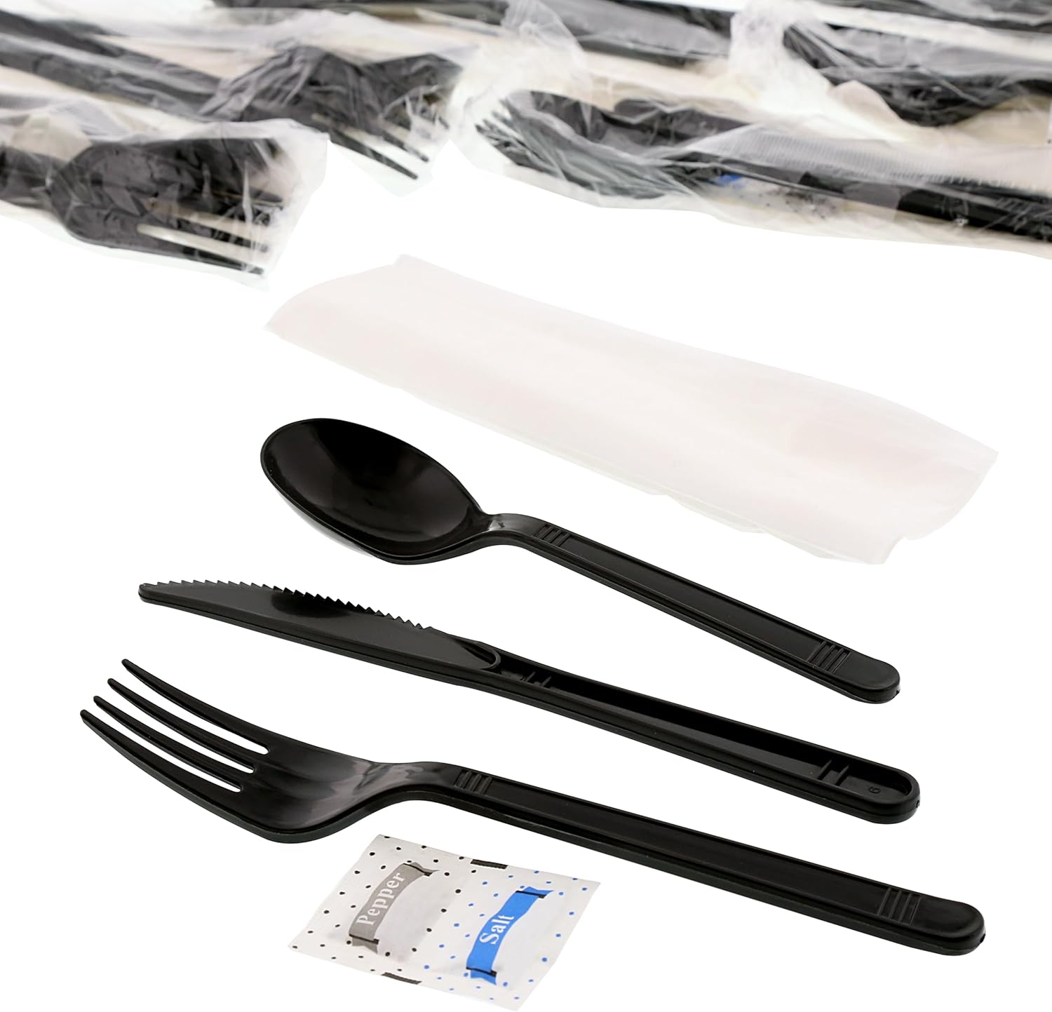 AmerCareRoyal 6-in-1 Disposable Silverware Medium Heavy Weight Plastic Utensil Set with Teaspoon, Fork, Knife, Salt & Pepper, 12x13 Napkin - Individually Wrapped Cutlery Meal Kit, Black, Case of 250