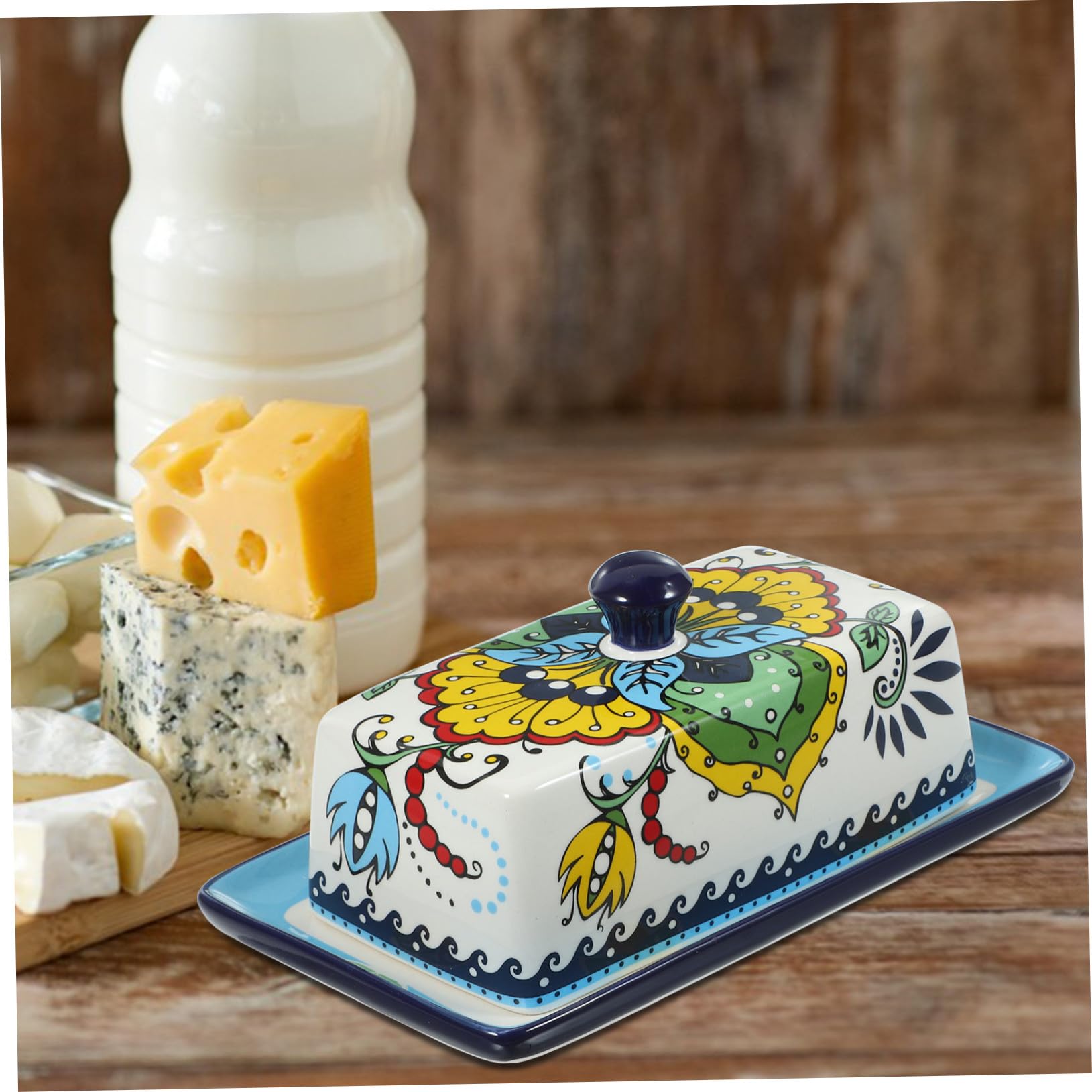 Beurrier Bleu en Céramique Style Européen avec Couvercle pour Table
