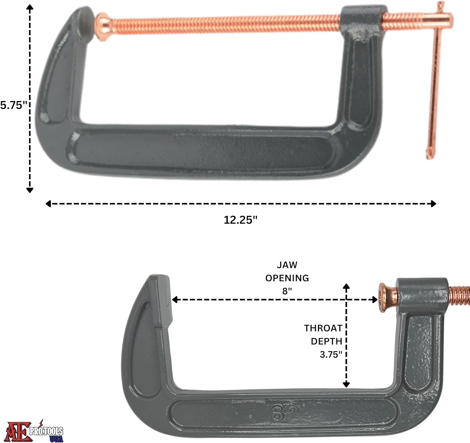 ATE Pro. USA - 6 PC Heavy Duty Steel C-Clamp Set | 3", 4", 6", 8" Iron Alloy - Clamps for Brake, parts assembly, fastening, welding, woodwork, metal work, auto - T rotary handle - DIY Projects