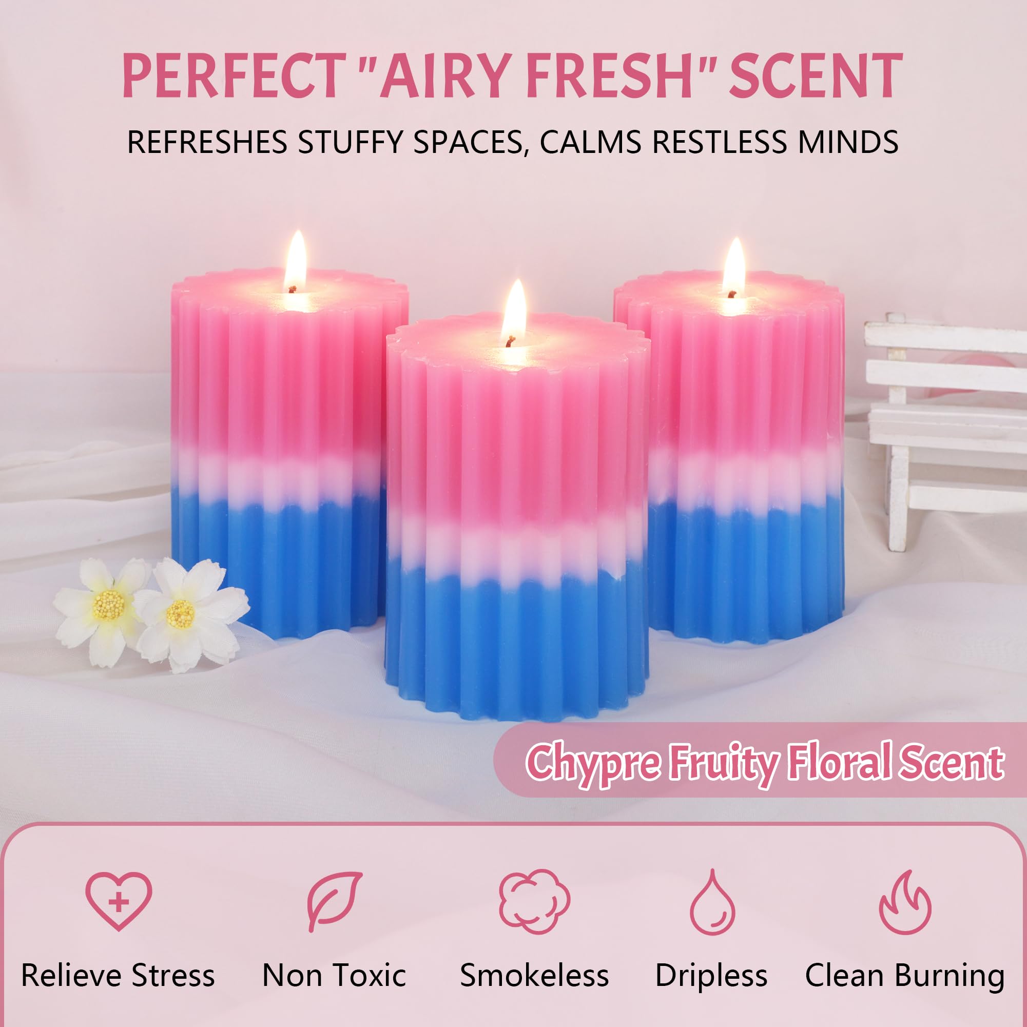 Chypre - Velas de pilar perfumadas florales afrutadas, acanaladas azul y rosa, 3 x 4 pulgadas, núcleo 100% algodón, velas de cera de parafina hechas a mano para baño, sala de estar, decoración