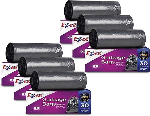 Ezee Black Medium Garbage Bags 180 Pcs | 19 X 21 Inch | 30 Pcs x Pack of 6 | Dustbin Trash Bag