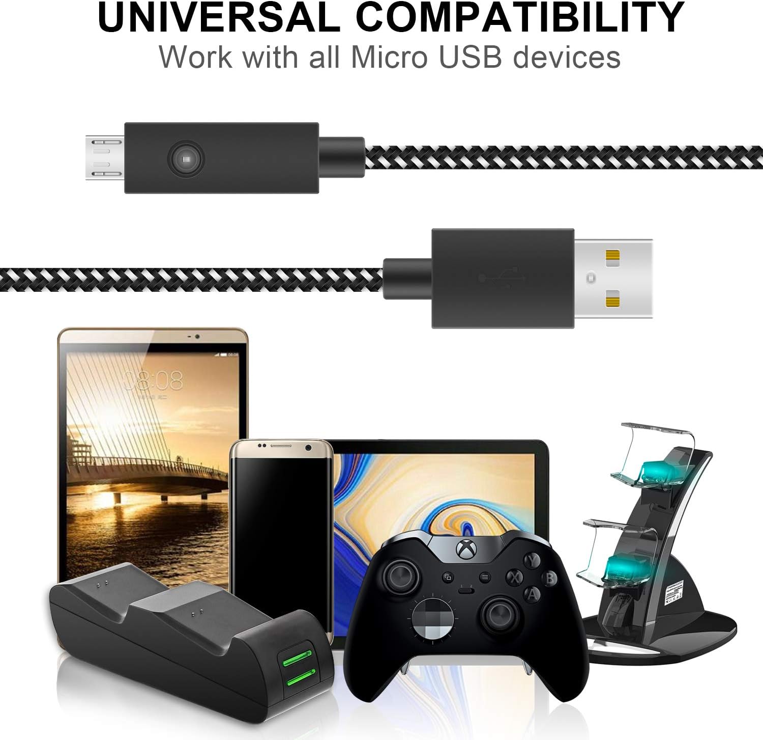 Ponkor USB Charging Cable for Microsoft Xbox Controller Charging Cable Nylon Braided Micro USB Cable with LED Light 10FT Sync Cord for Samsung Galaxy S7 Edge/S7/S6 HTC LG Sony PS4 Android