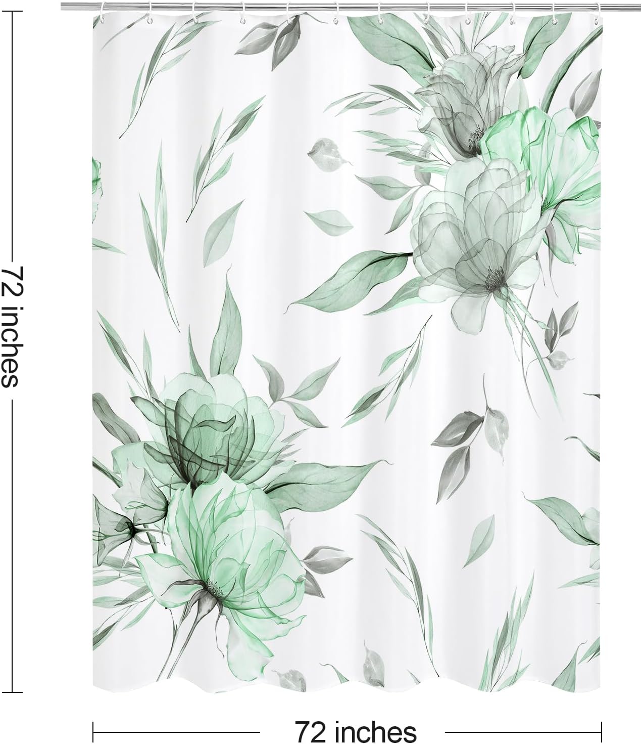 Litabel Green and Grey Boho Watercolor Floral Shower Curtain, Ink Painting Style Farmhouse Flower & Leaf Shower Curtains for Chic Rustic Bathroom, Artistic Fabric Cloth Shower Curtain, 72x72