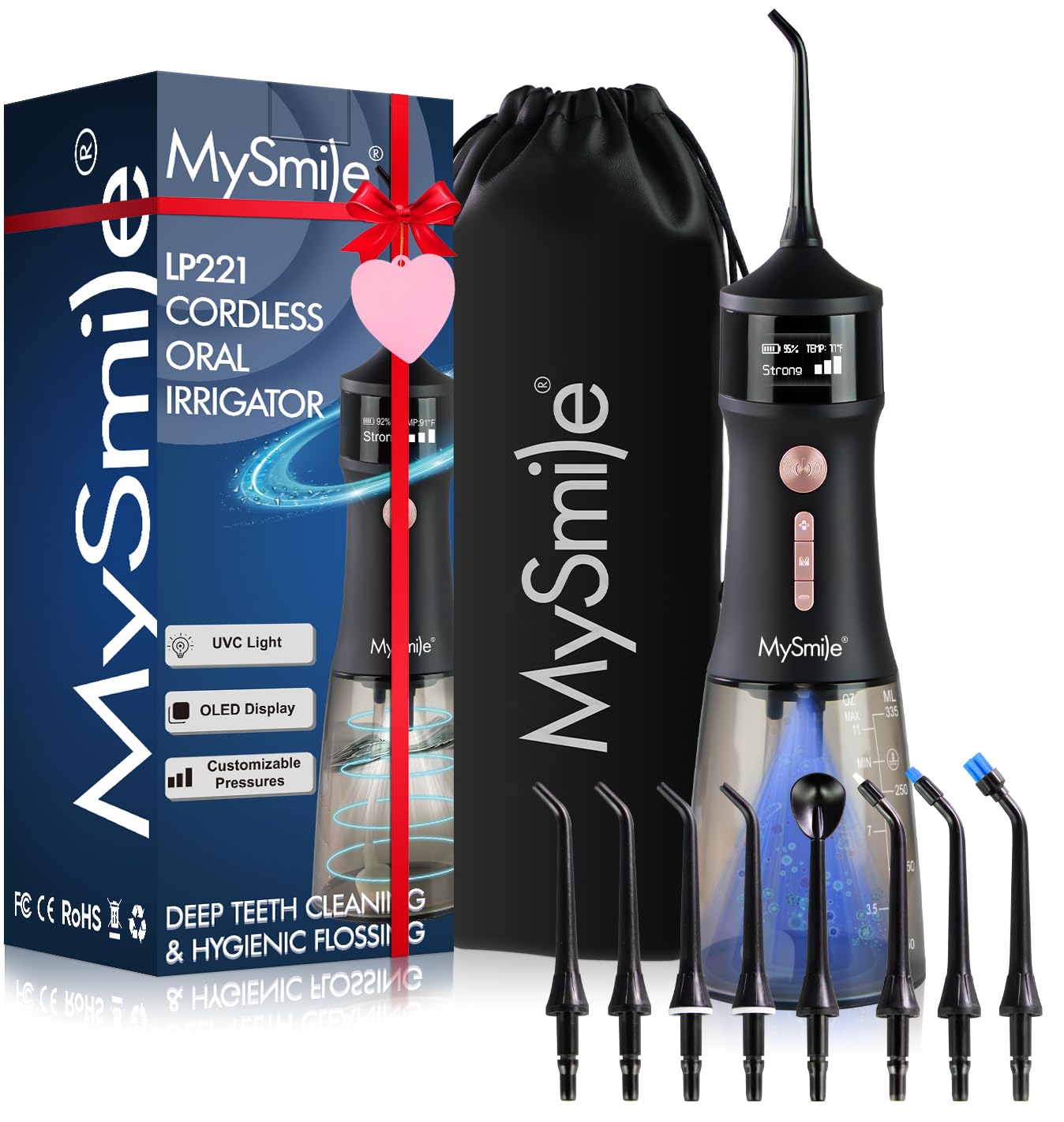 MySmile LP221 UVC Sterilizable Cordless Water Flossers for Teeth 335ML Portable OLED Display Dental Flosser with 4 Modes 8 Jet Tips and a Storage Pouch for Home and Travel (Midnight Black)