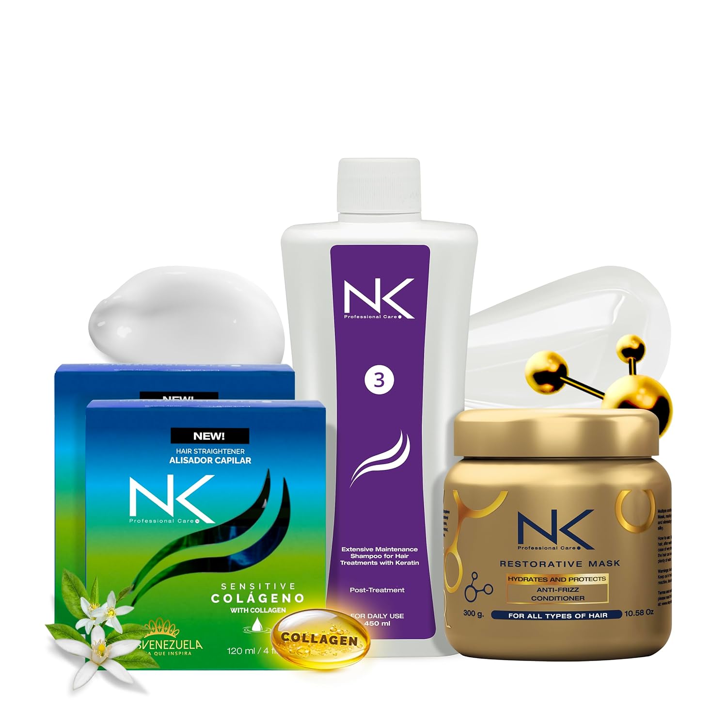 NK 4-Step Keratin Hair Treatment Set – Formaldehyde-Free Vegan Straightening System with Collagen, Keratin, Silk Protein & Niacinamide – Includes Shampoo & Repair Mask – All Hair Types (8oz)