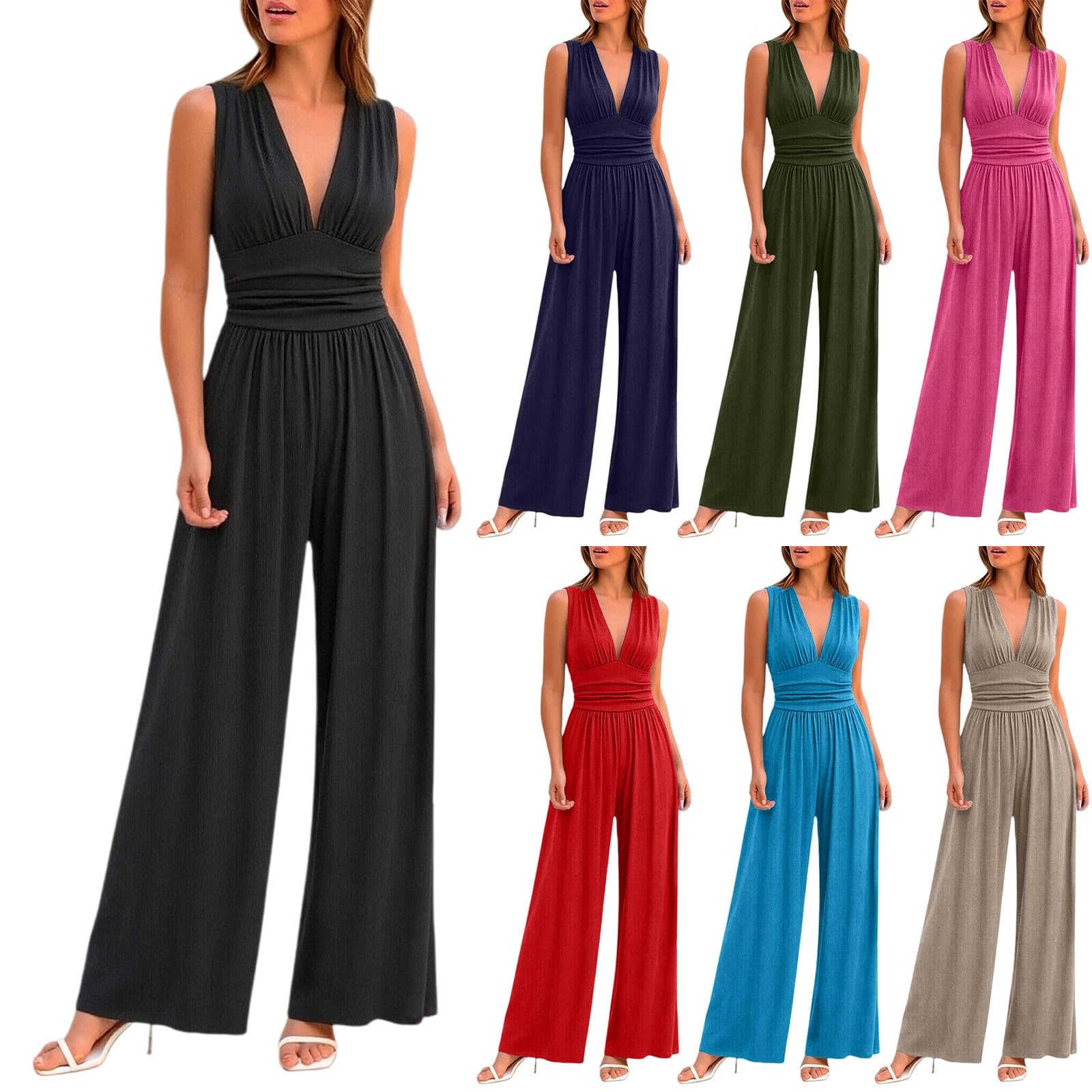Traje de pantalón para mujer, elegante, festivo, con cuello en V, sin mangas, mono