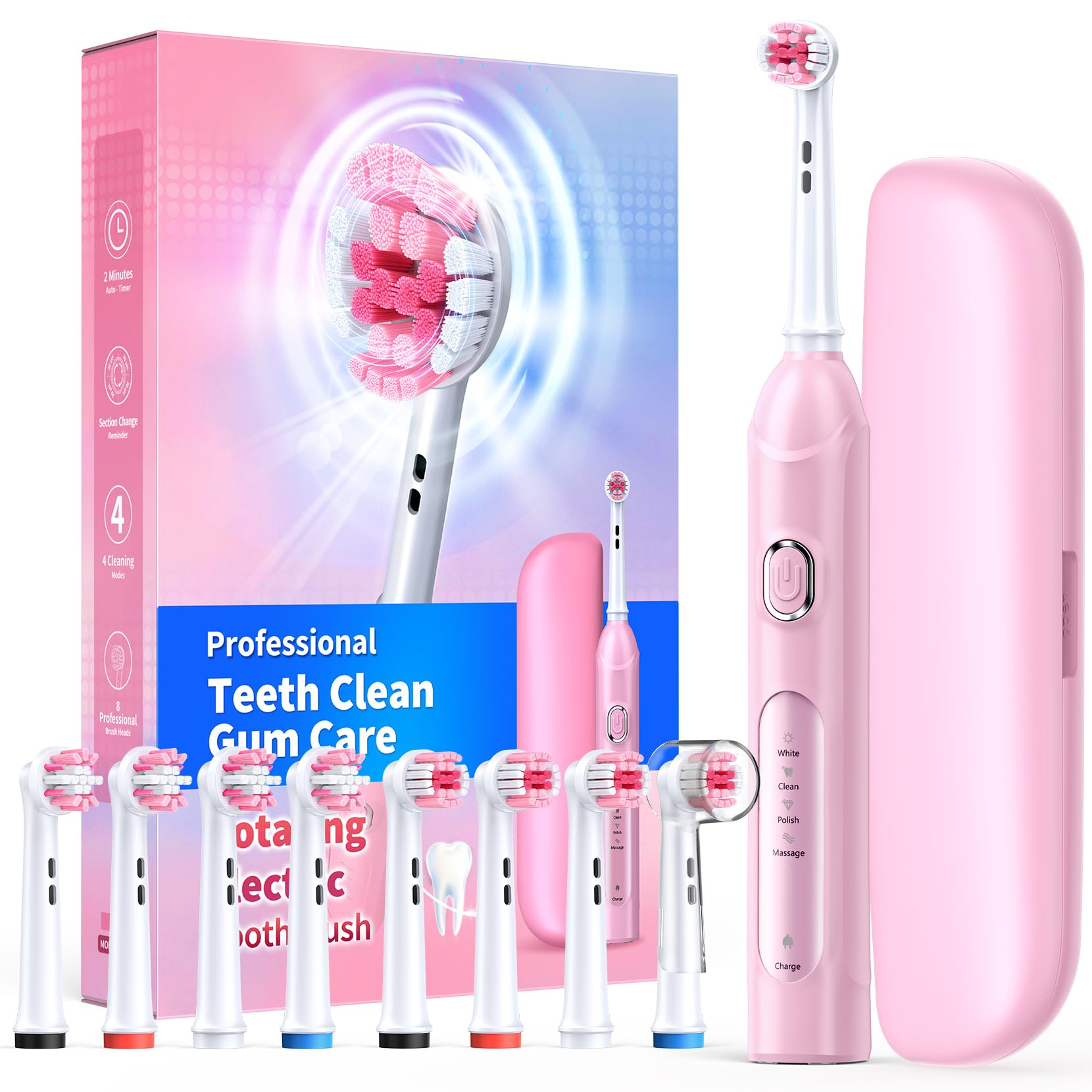 Rotating Electric Toothbrush with Travel Case for Adults Pink, 8 Brush Heads (2 Types) 4 Modes Deep Clean Electric Toothbrush with 25-Days Rechargeable Power and Smart Timer