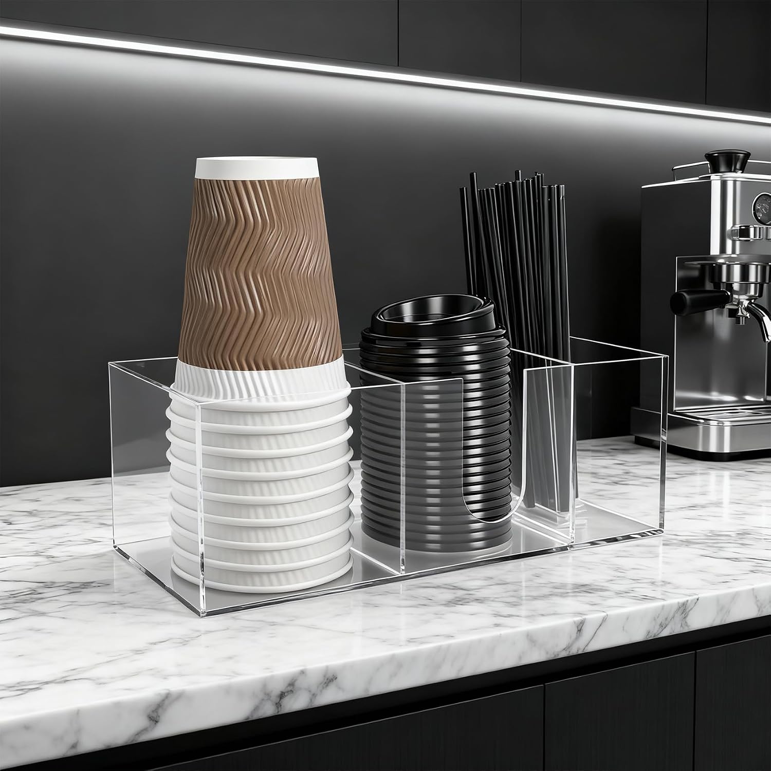 Acrylic Cup Holder for Countertop, 3 Slots Acrylic Coffee Bar Accessories and Organizer Anti Slip Waterproof, Clear Coffee Station Organizer for Cup Lid Straw
