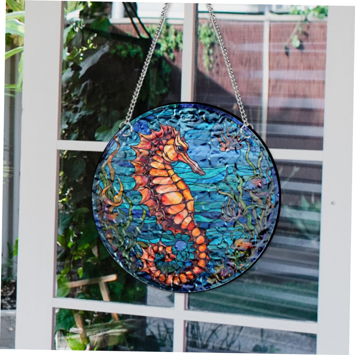 タツノオトシゴと貝殻 ヴィンテージ ステンドグラス 青 グラスマスターズ社 海 タツノオトシゴと貝殻 ヴィンテージ ステンドグラス 青 グラス