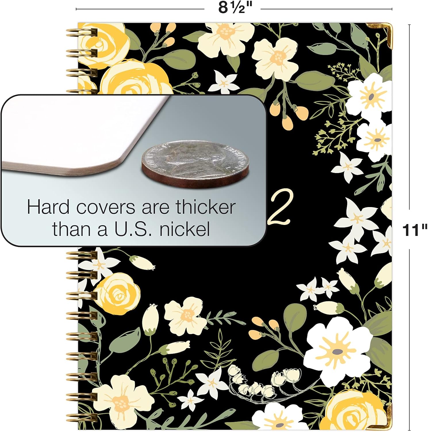 HARDCOVER 2022 Planner: (November 2021 Through December 2022) 8.5"x11" Daily Weekly Monthly Planner Yearly Agenda. Bookmark, Pocket Folder and Sticky Note Set (Black Floral Yellow) : Office Products