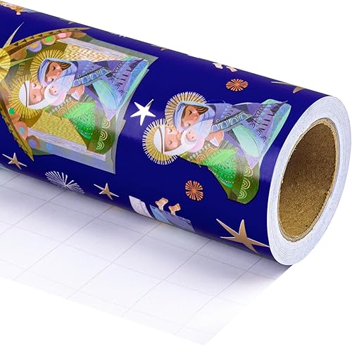 Vista 166 de WRAPAHOLIC Papel de regalo reversible de Navidad, mini rollo, 17 pulgadas x 33 pies, diseño de gnomo azul morado y cuadros con brillo metálico