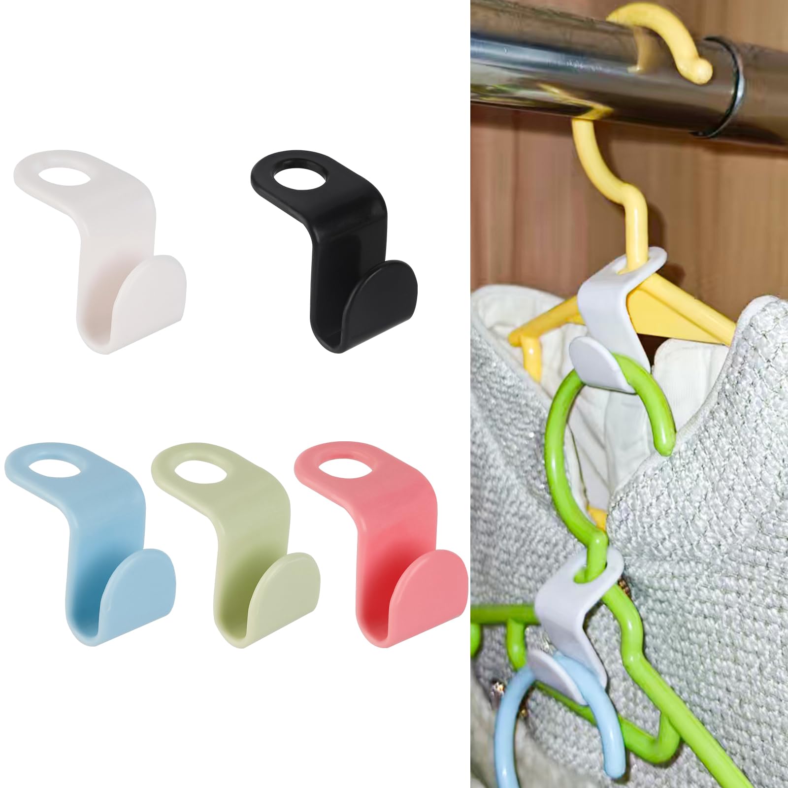 zoqdtu 50-Pack Clothes Hanger Connector Hooks - Space-Saving Closet Set, 5-Color with Storage Box & Strong Adhesive Pads, Fits Thin-Neck Hangers (<