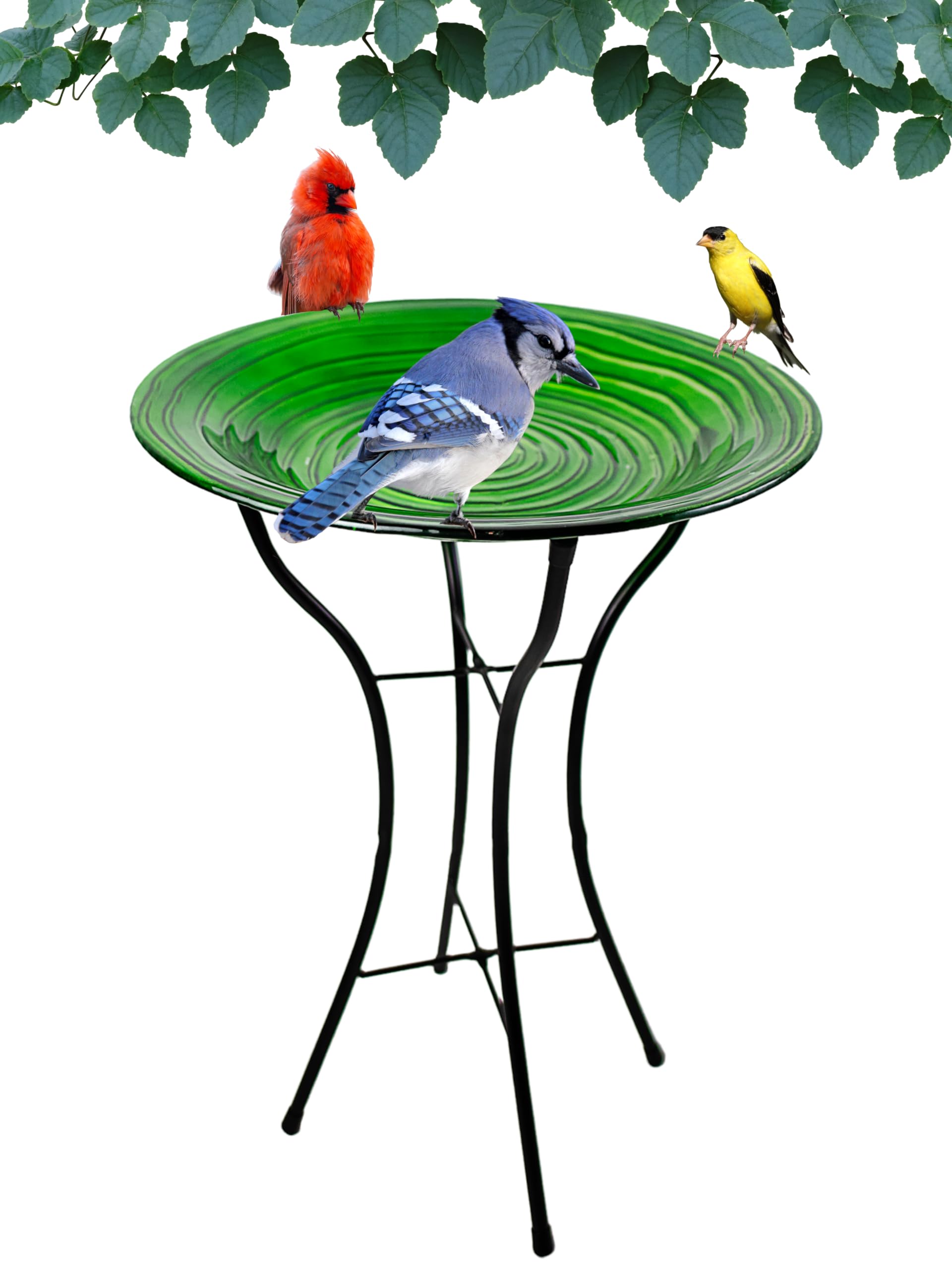 Songbird Essentials Vasca Per Uccelli In Vetro Verde Cacciatore – Ciotola A Vortice Con Supporto, Per Attirare Uccelli Canori E Colibrì In Giardino