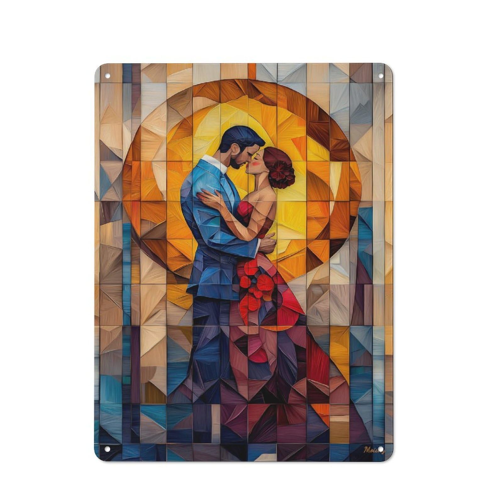 Junmoney The Kiss Stained Glass Mosaic Artwork Tin Sign With Design 40X30cm, Industrial Garage Wall Decor For Workshop, Basement, Shed Or Games Room