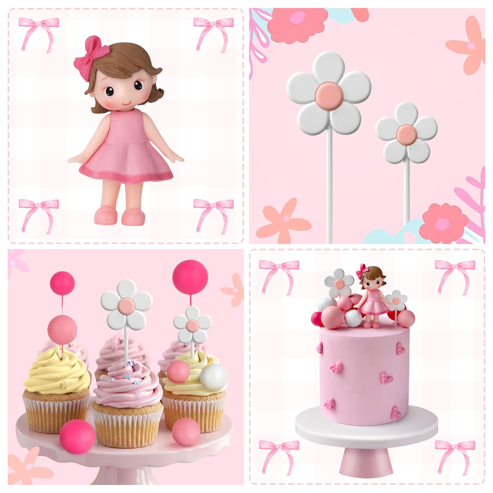 20 PCS Girl Birthday Cake Topper Set - Pink Foam Balls, Flowers & Gold 'Happy Birthday' Sign - View #3