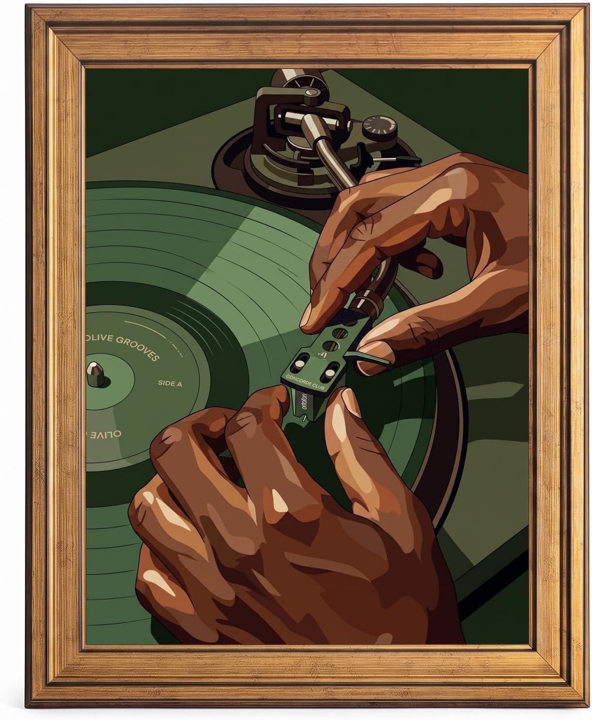 Framed Canvas Wall Art Retro Vector Hands and Vinyl Record Earthy Brown and Green Canvas Print Poster Gold Frame Wall Decor for Music Room Studio Audio Lover Art, Vinyl Decor - Inch 16x20