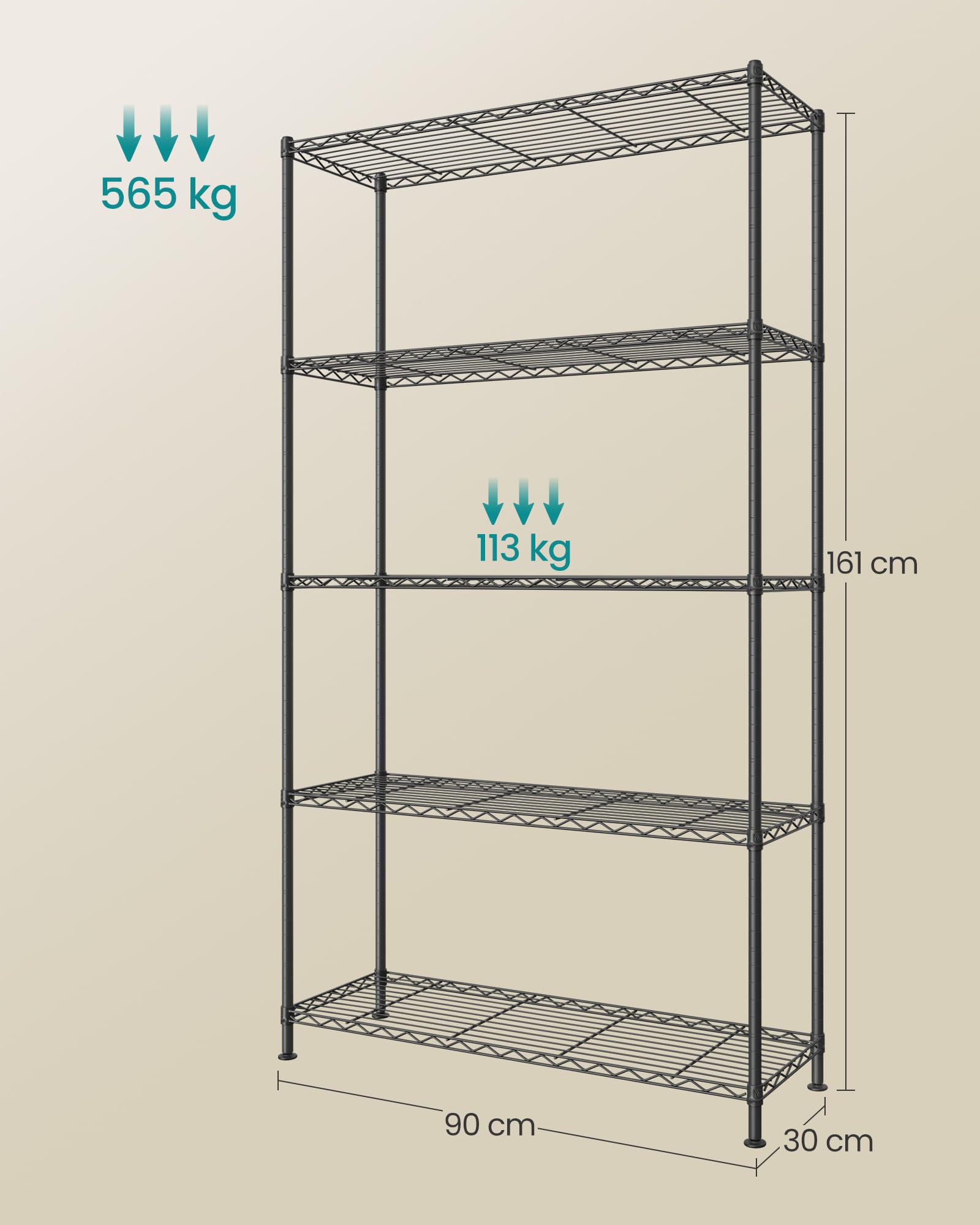 SONGMICS Regał do przechowywania, metalowy regał garażowy, regulowane półki, do garażu, sypialni, salonu, kuchni, spiżarni, 5 poziomów, 30 x 90 x 161 cm, czarny atrament LGR195BH01