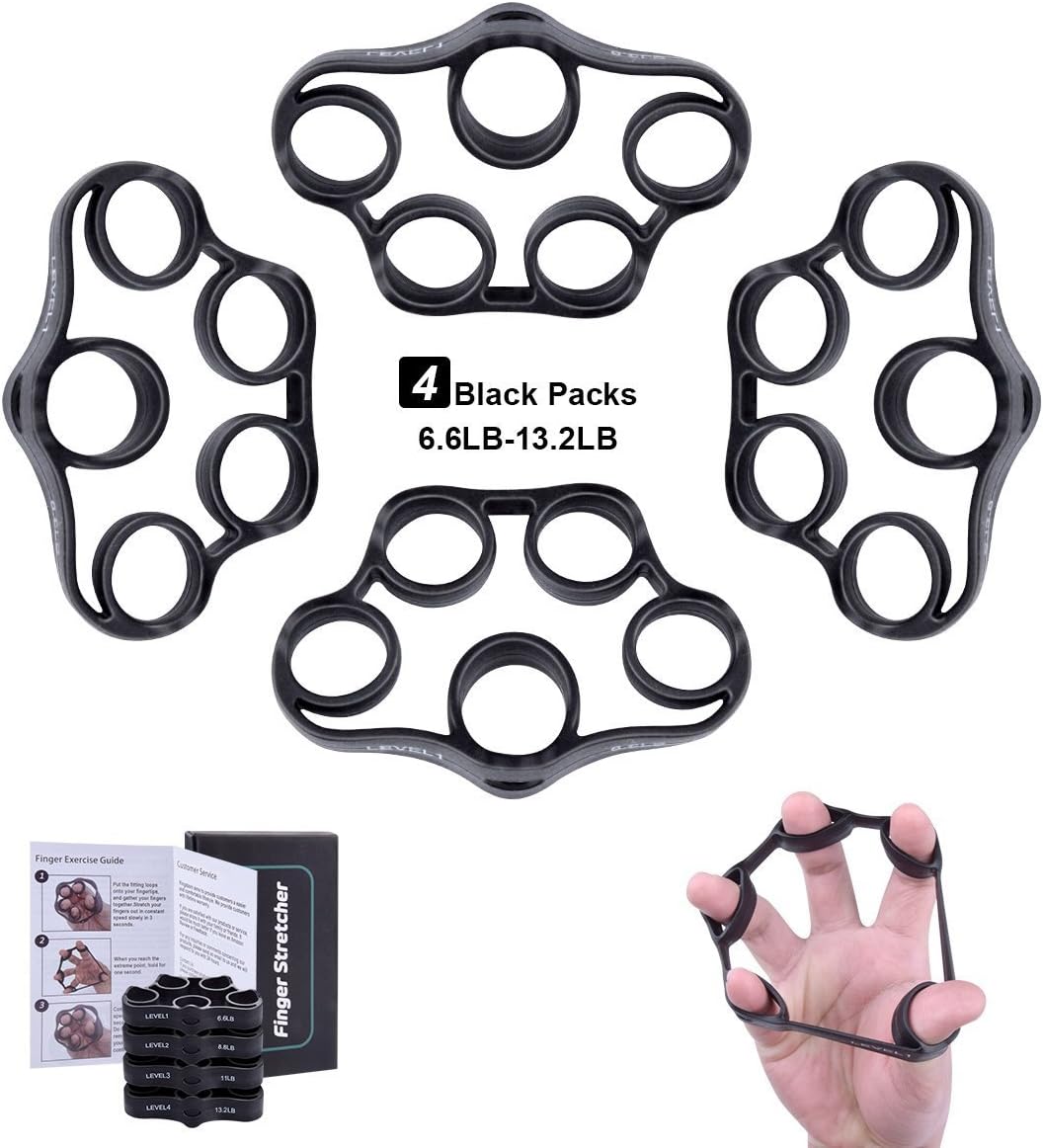 Finger Stretcher- Hand Extensor Exerciser- Finger Strength Trainer Gripper- Finger Grip Strengthener Set for Forearm Exercise, Rock Climbing,Guitar Finger Exercise –Black (4 Level Resistance)