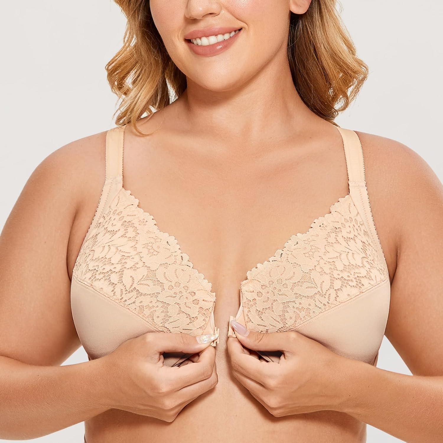 DELIMIRA Women's Front Closure Plus Size Full Coverage Lace Underwire Racerback Bra - Image 4