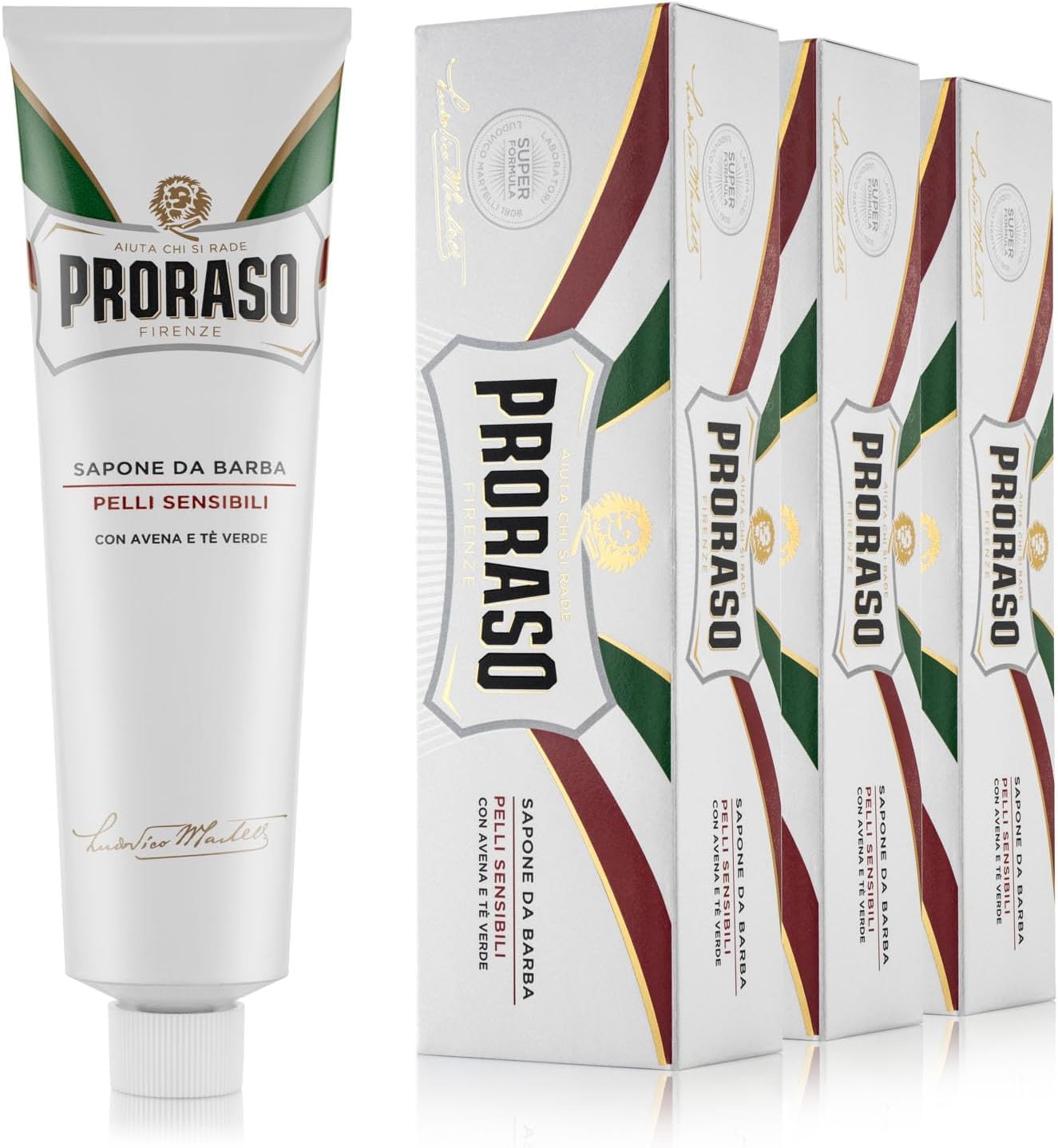 Proraso Sapone da Barba in Tubo Pelli Sensibili, 3 x 150ml, Sapone barba cremoso e arricchito con Estratti di Avena e Tè Verde, Made in Italy